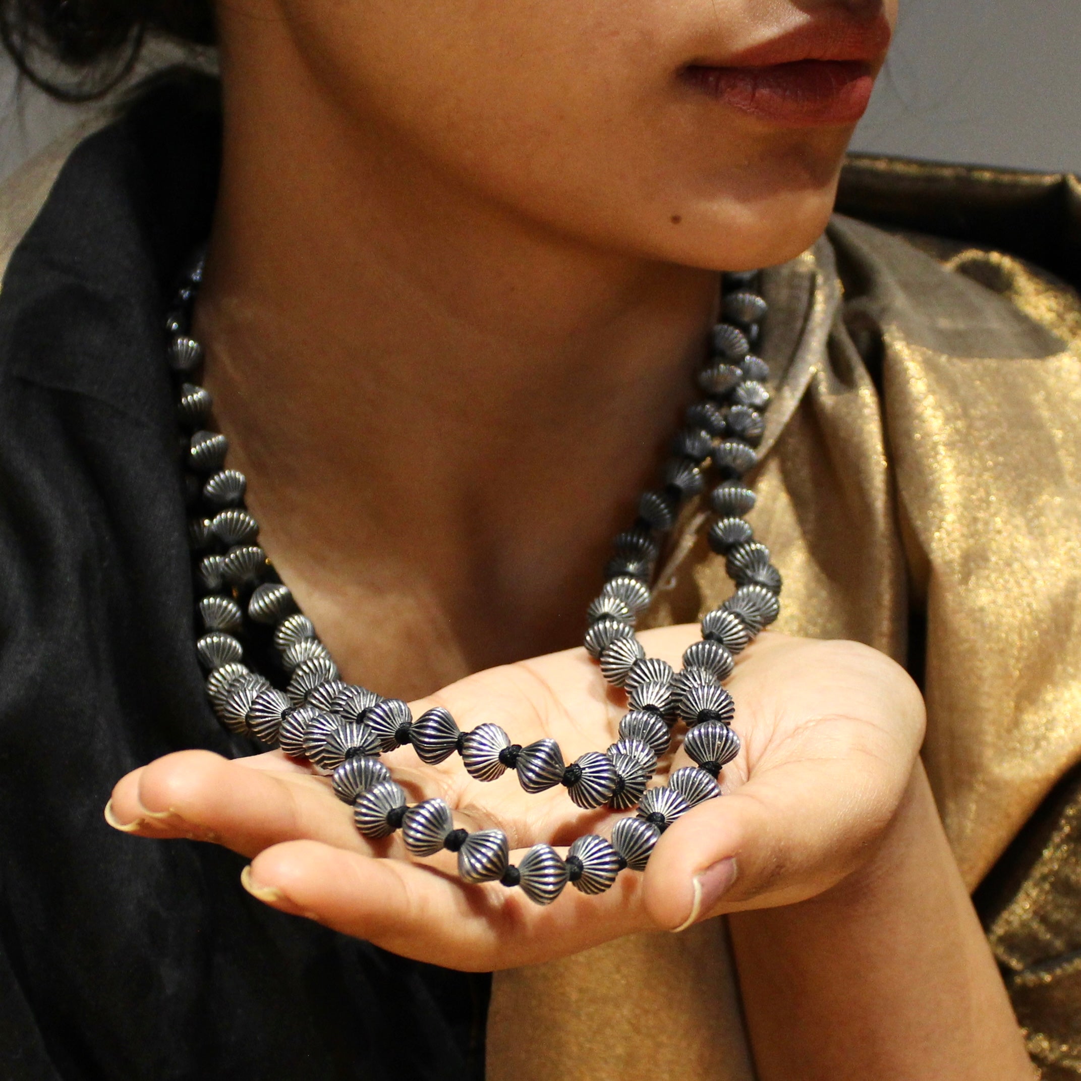 Oxidised beads 2 layered heavy 925 silver Mala