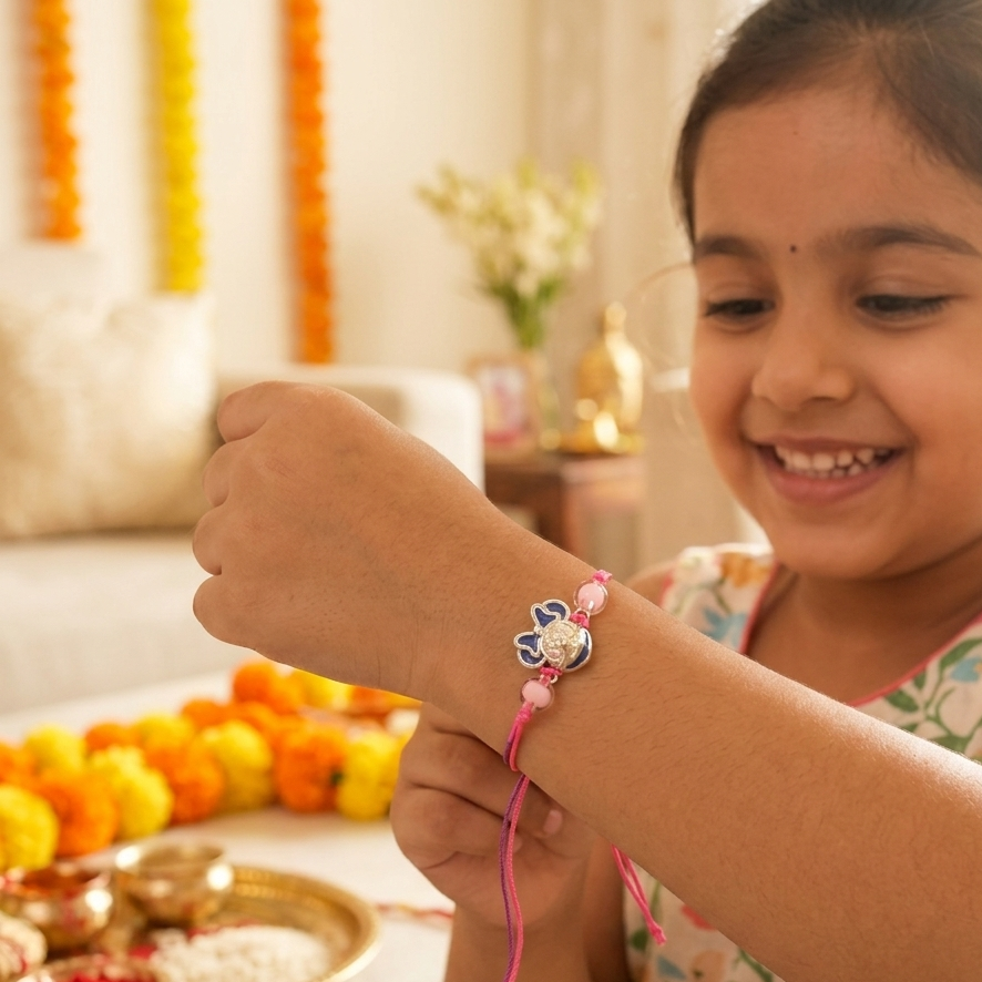 Mini pink thread rakhi in 925 silver