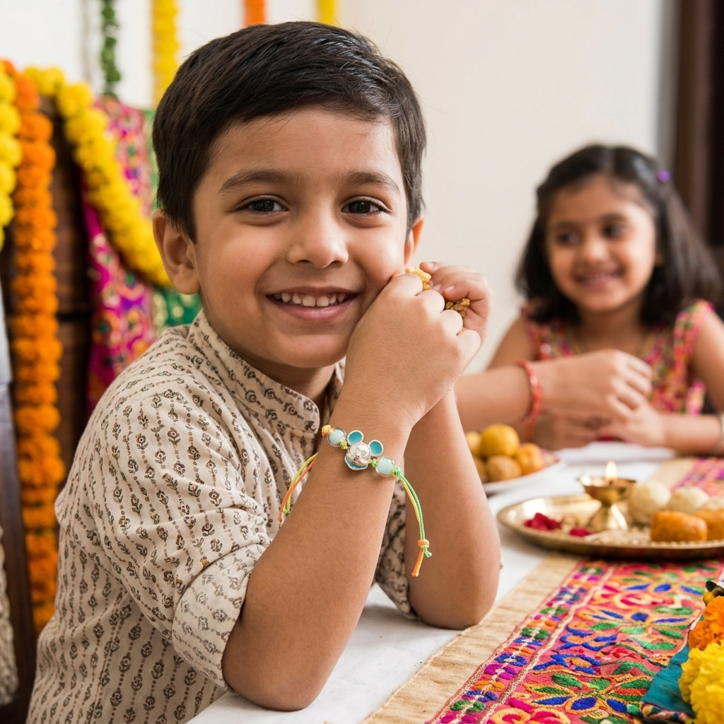 A young boy smiling in a decorated home setting, wearing a traditional Indian patterned kurta and a colorful beaded Rakhi bracelet. A girl is blurred in the background near a table with food and festive decorations.