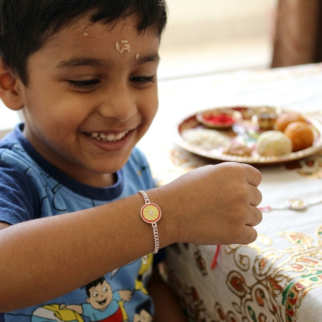 A young boy smiling while wearing a silver chain watch with a round pink and yellow face, sitting at a table with a decorative plate in the background.