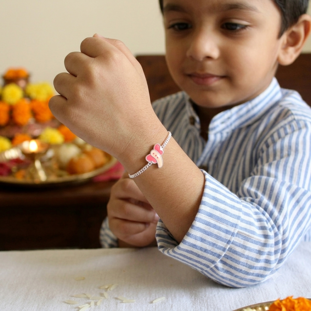 Elephant 925 Pure Silver Chained kids Rakhi