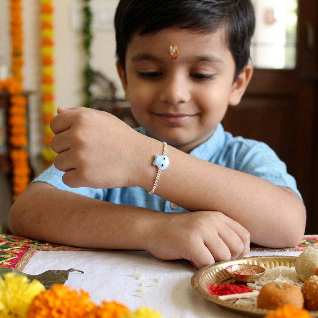 Fish 925 Pure Silver Chained kids Rakhi