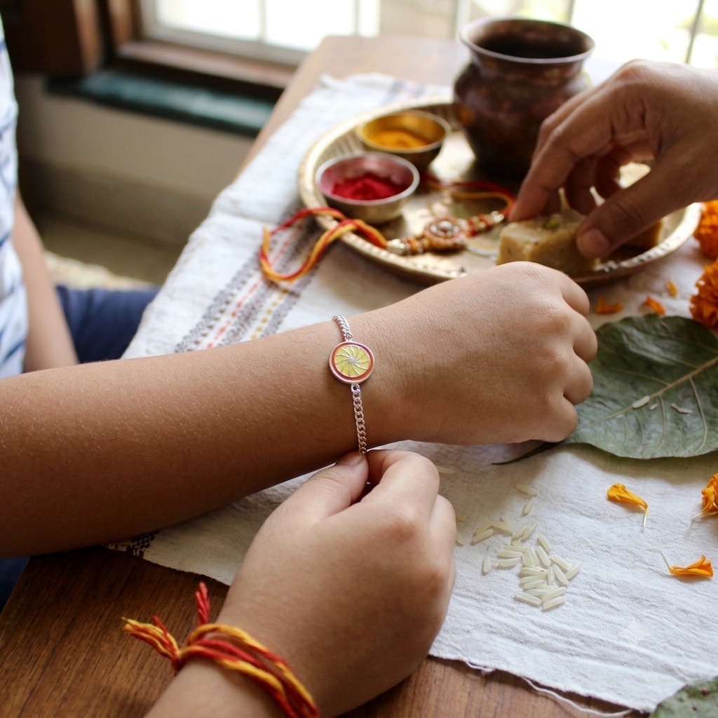 Lemon 925 Pure Silver Chained kids Rakhi
