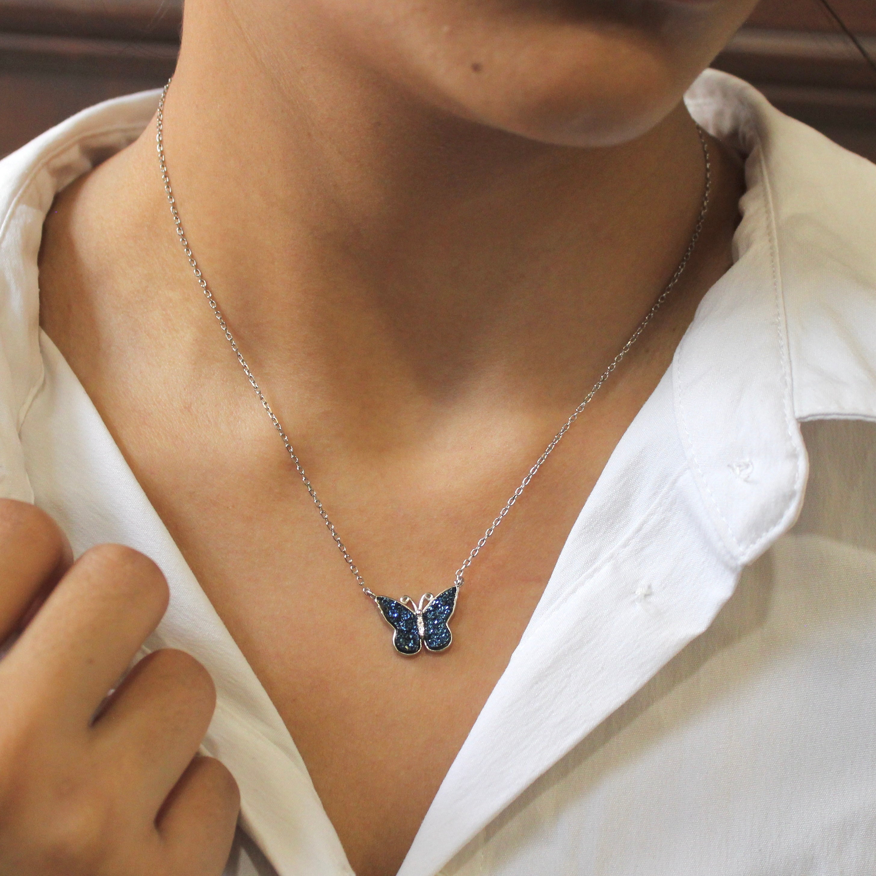 Blue butterfly pendant with silver minimal Chain