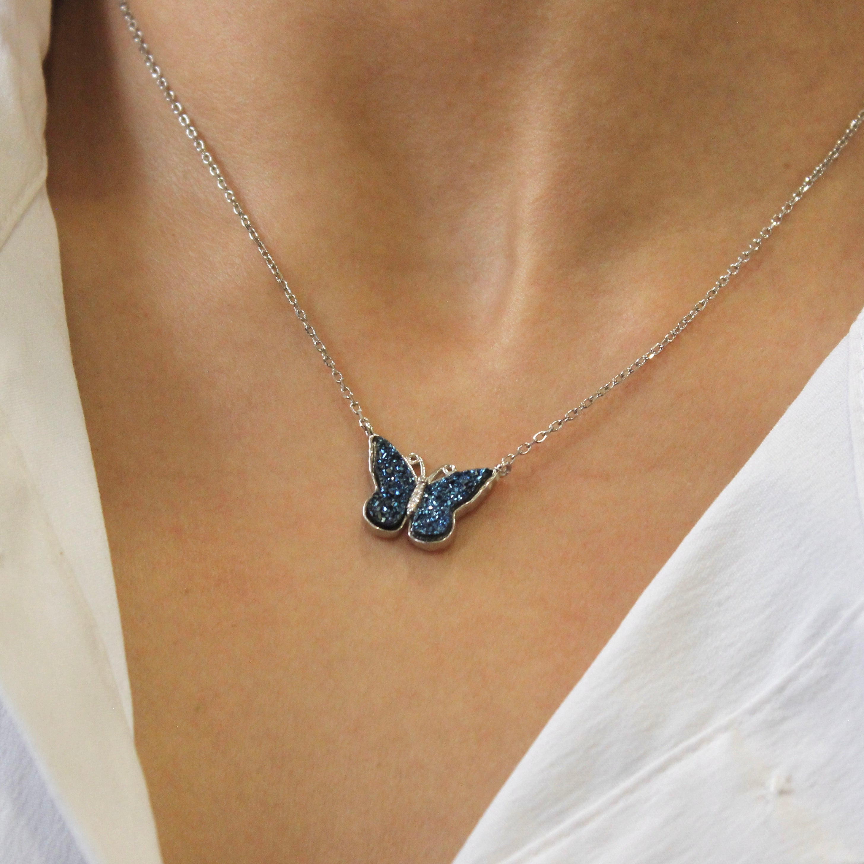 Blue butterfly pendant with silver minimal Chain