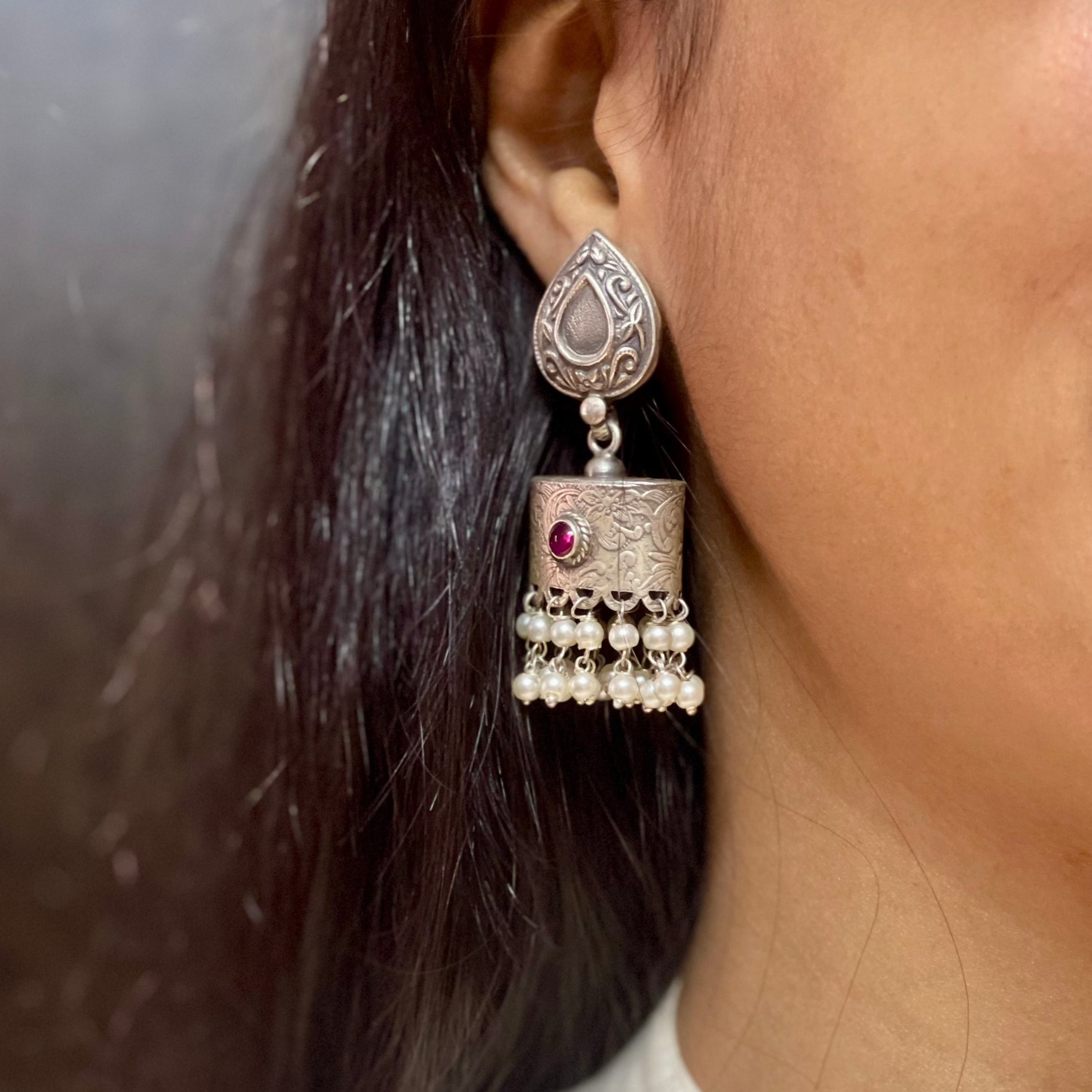 Ancient Love white silver 925 oxidised silver drop jhumkas