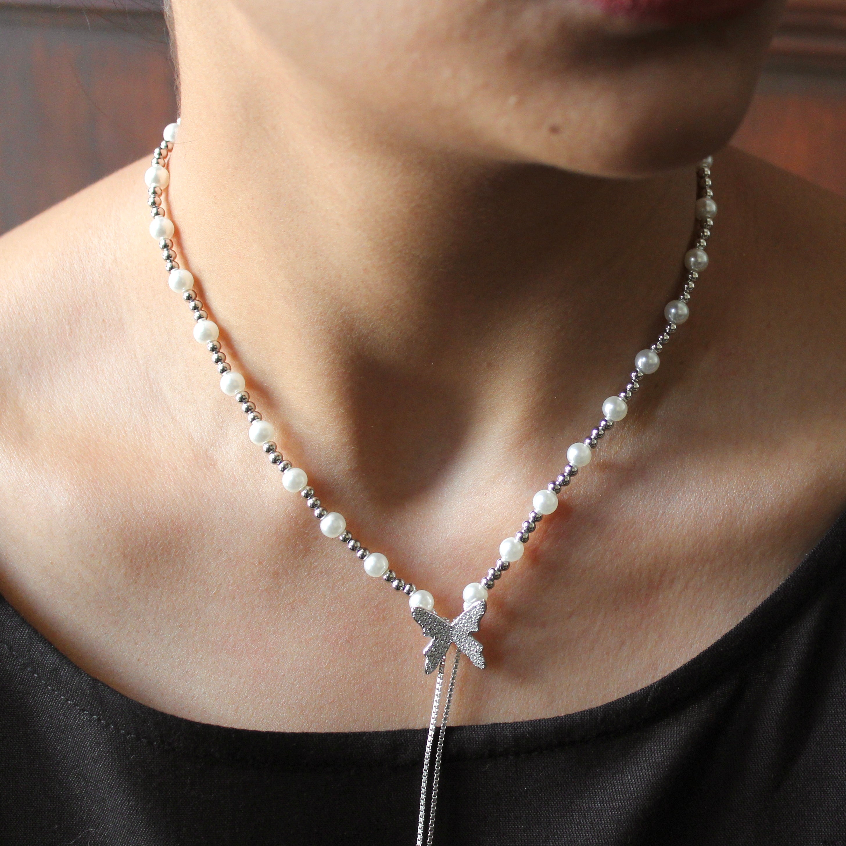 Butterfly with pearls party 925 silver heavy chain