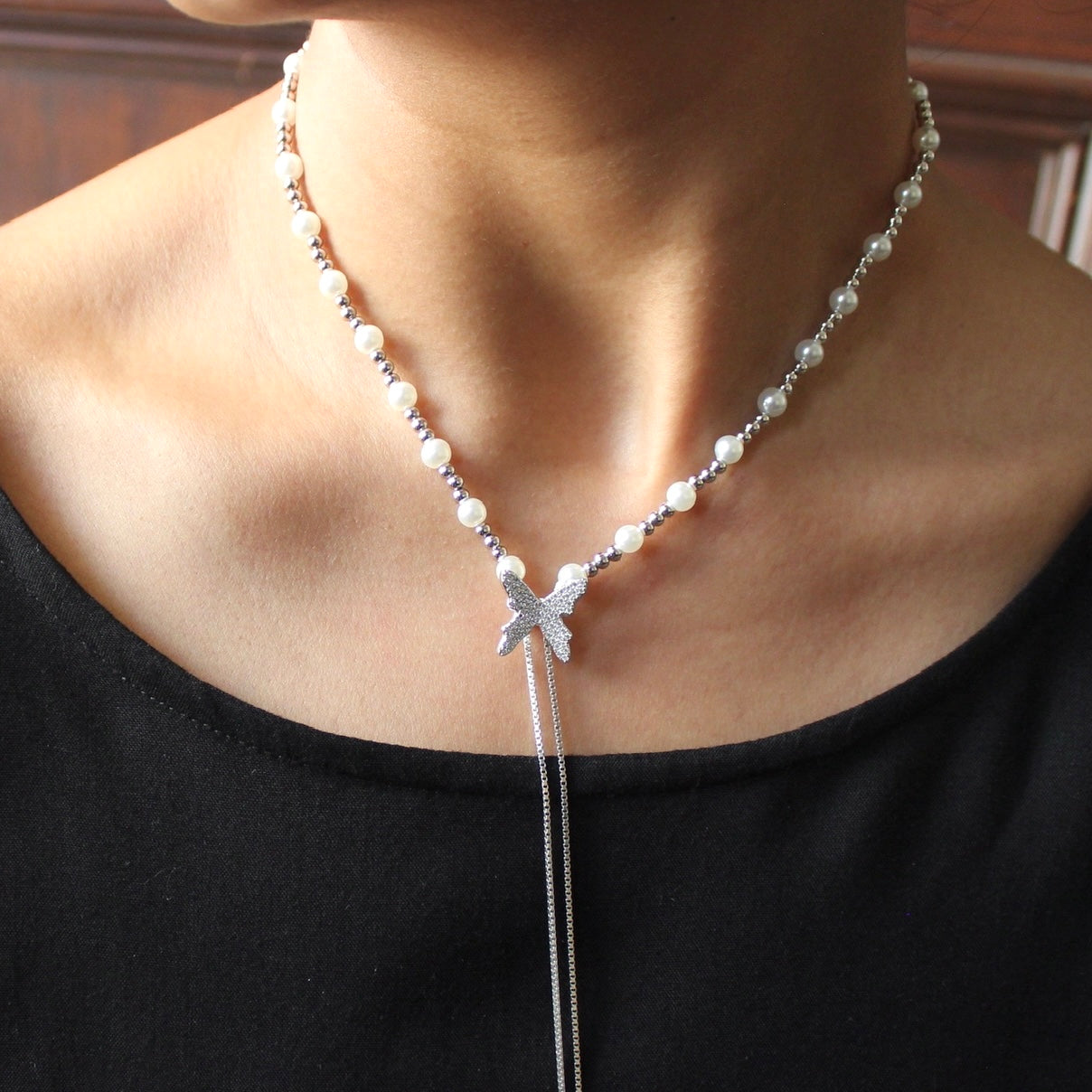 Butterfly with pearls party 925 silver heavy chain