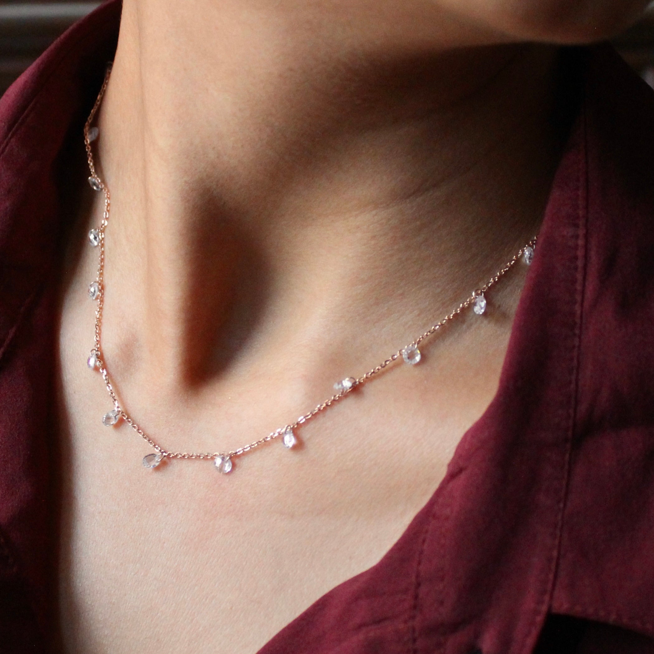 White beads rose gold chain in 925 silver