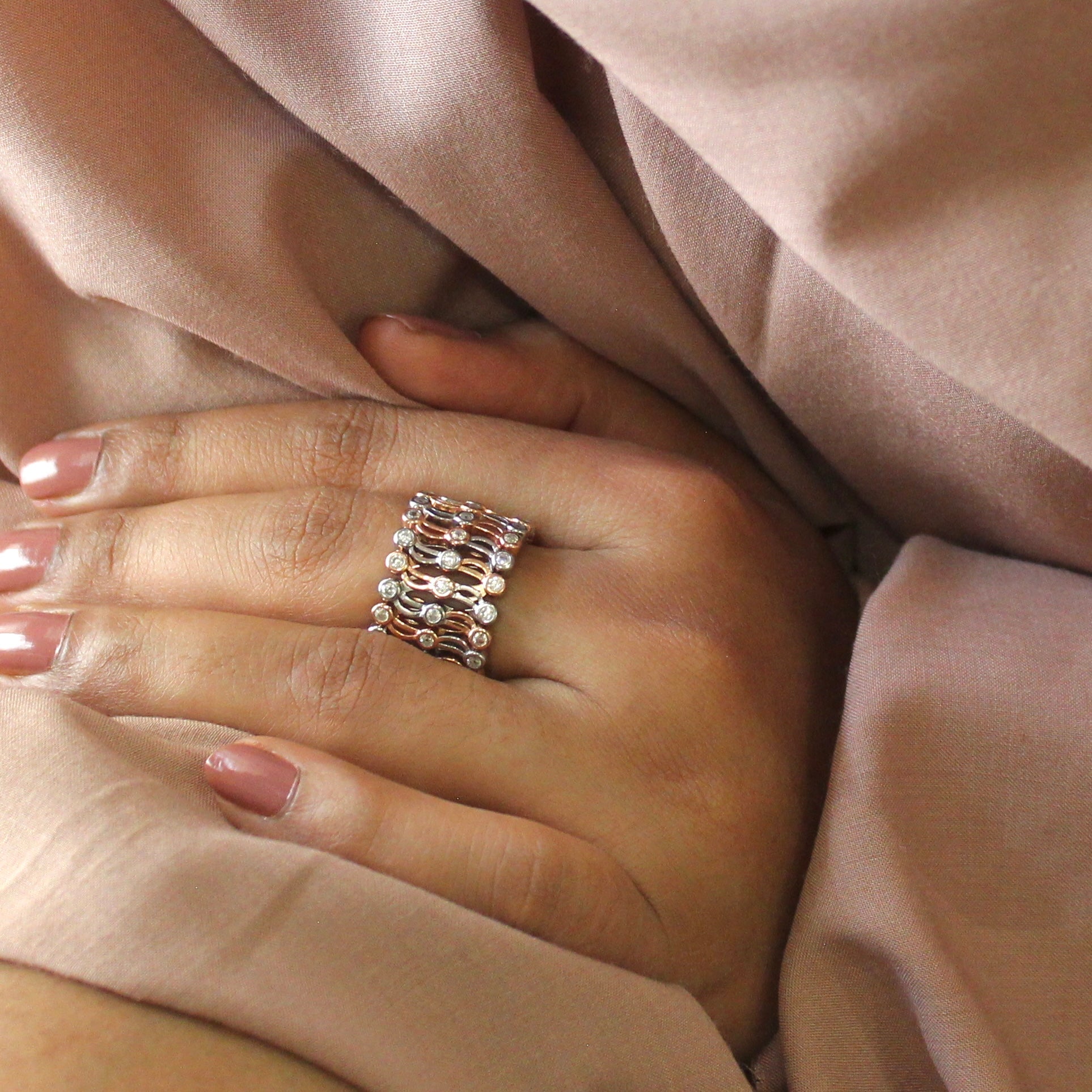 Zigzag Ring cum Bracelet rose gold plated in 925 silver