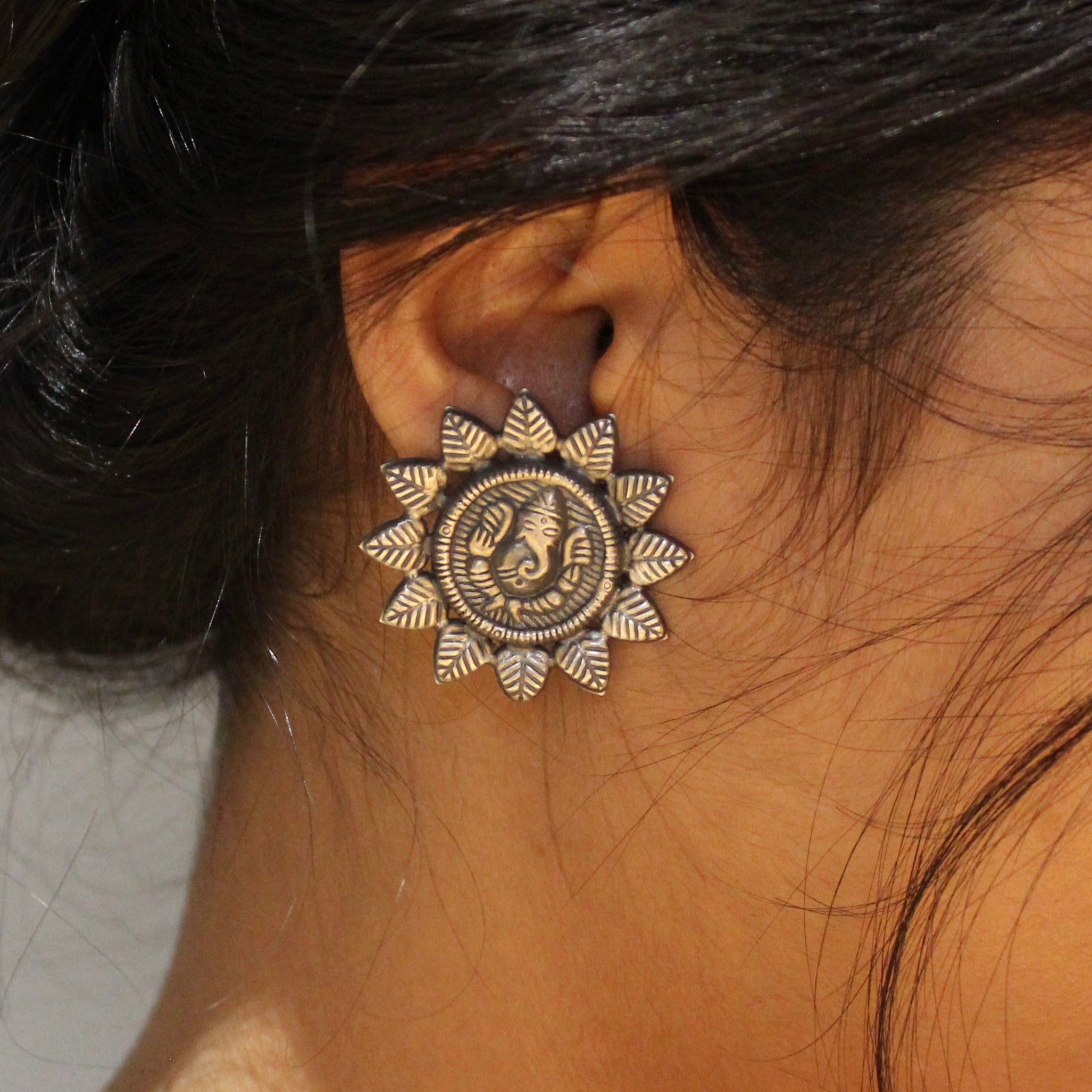 Lord ganesh in flower antique 925 oxidised silver studs