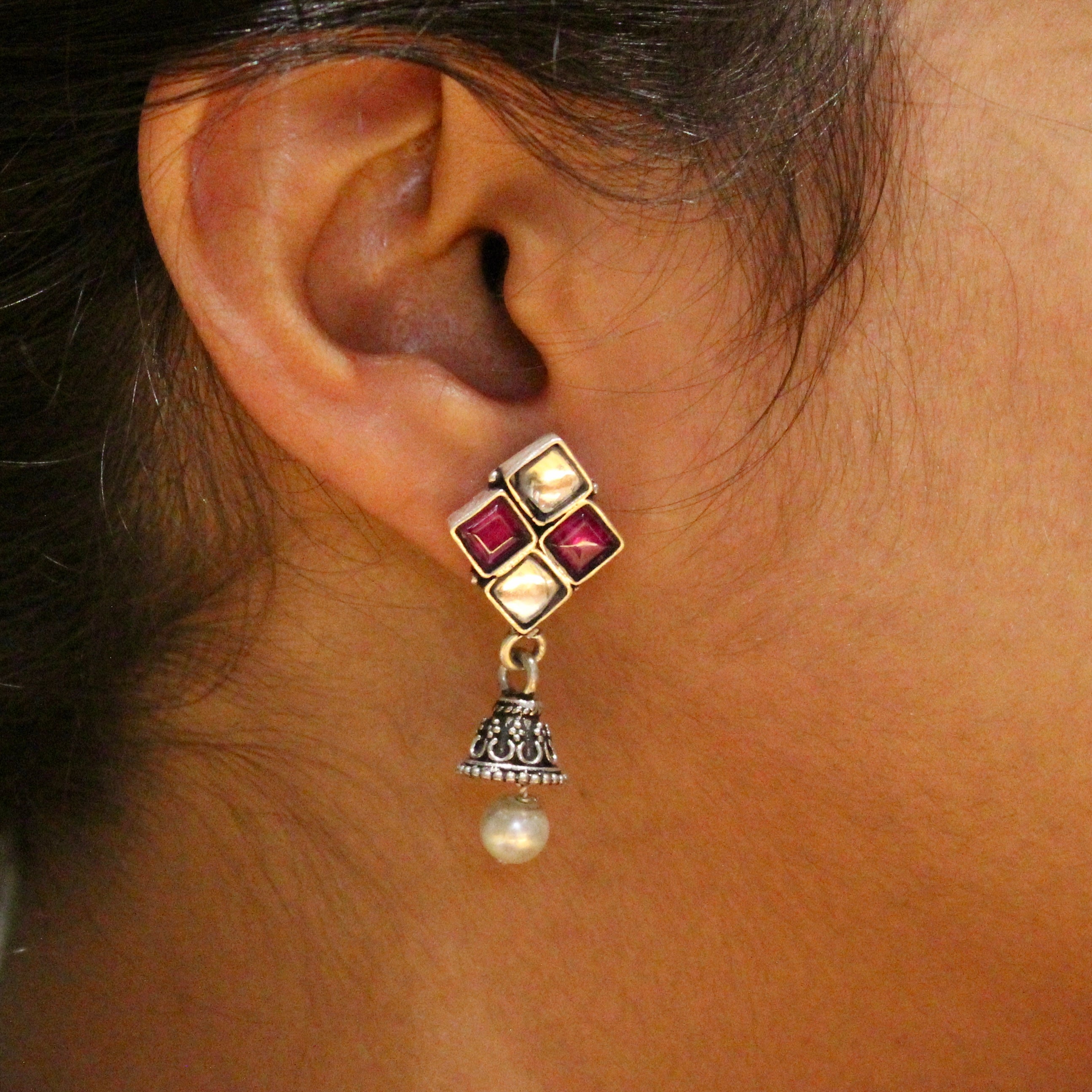 Rose Zircon diamond 925 oxidised silver Jhumkas