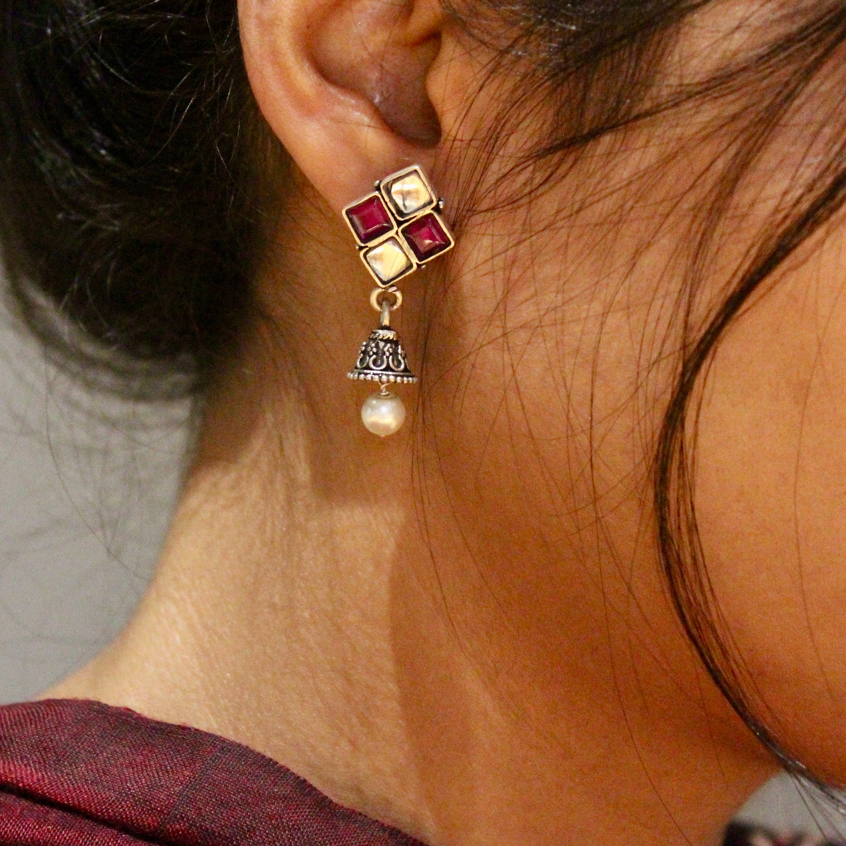 Rose Zircon diamond 925 oxidised silver Jhumkas