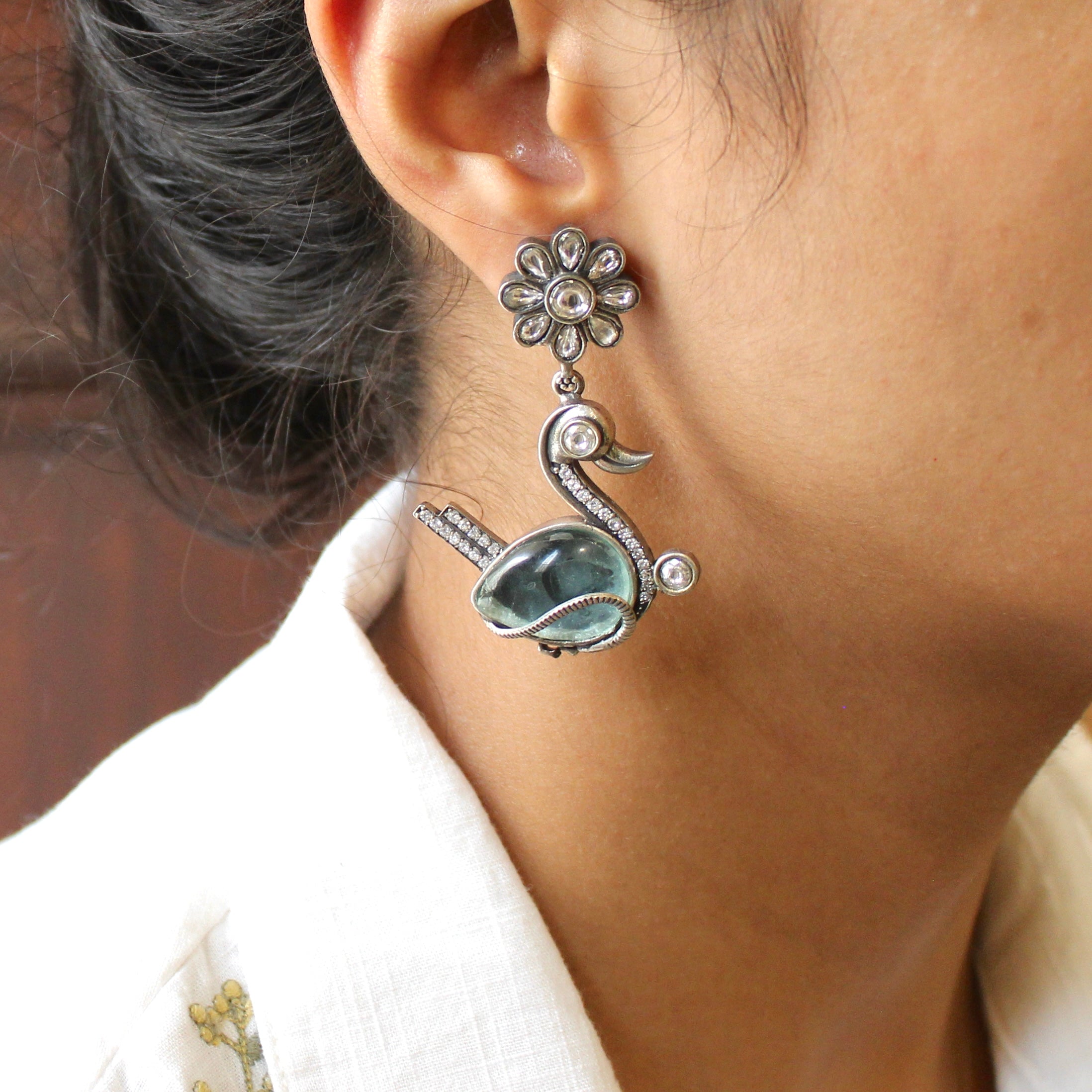 Antique blue swan 925 oxidised jhumkas