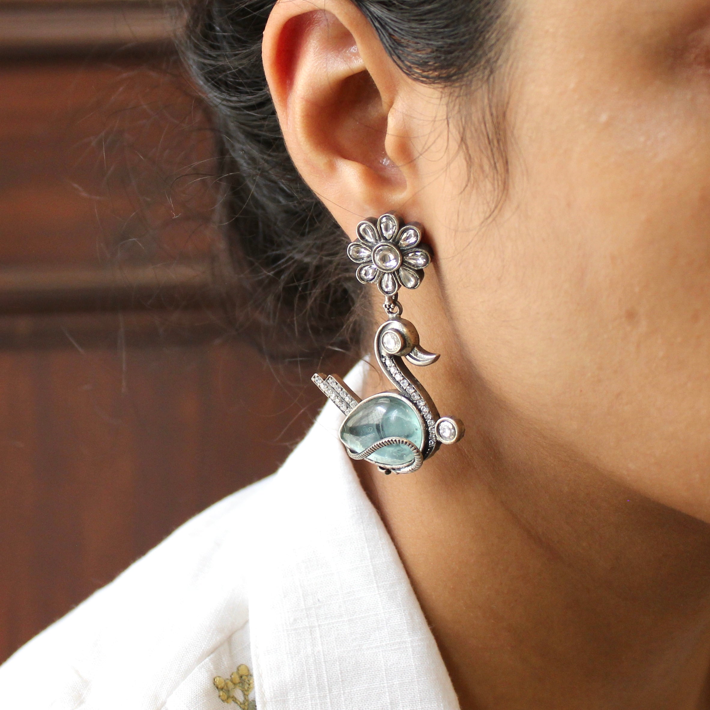 Antique blue swan 925 oxidised jhumkas