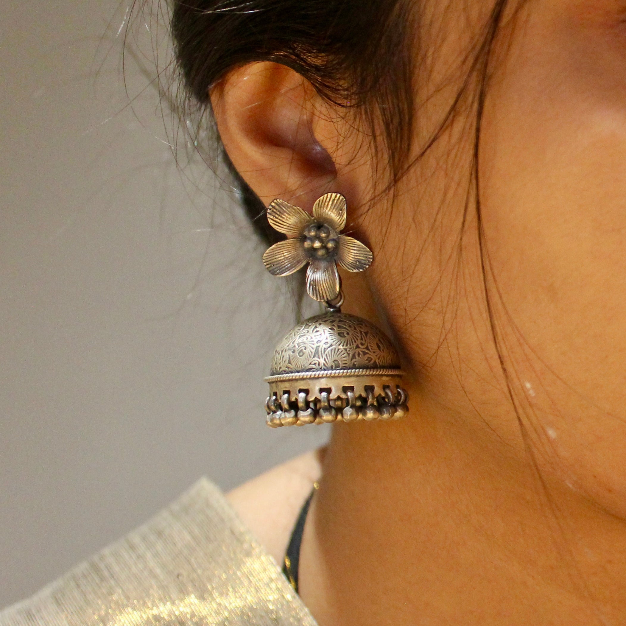 Flower matt 925 oxidised silver jhumkas