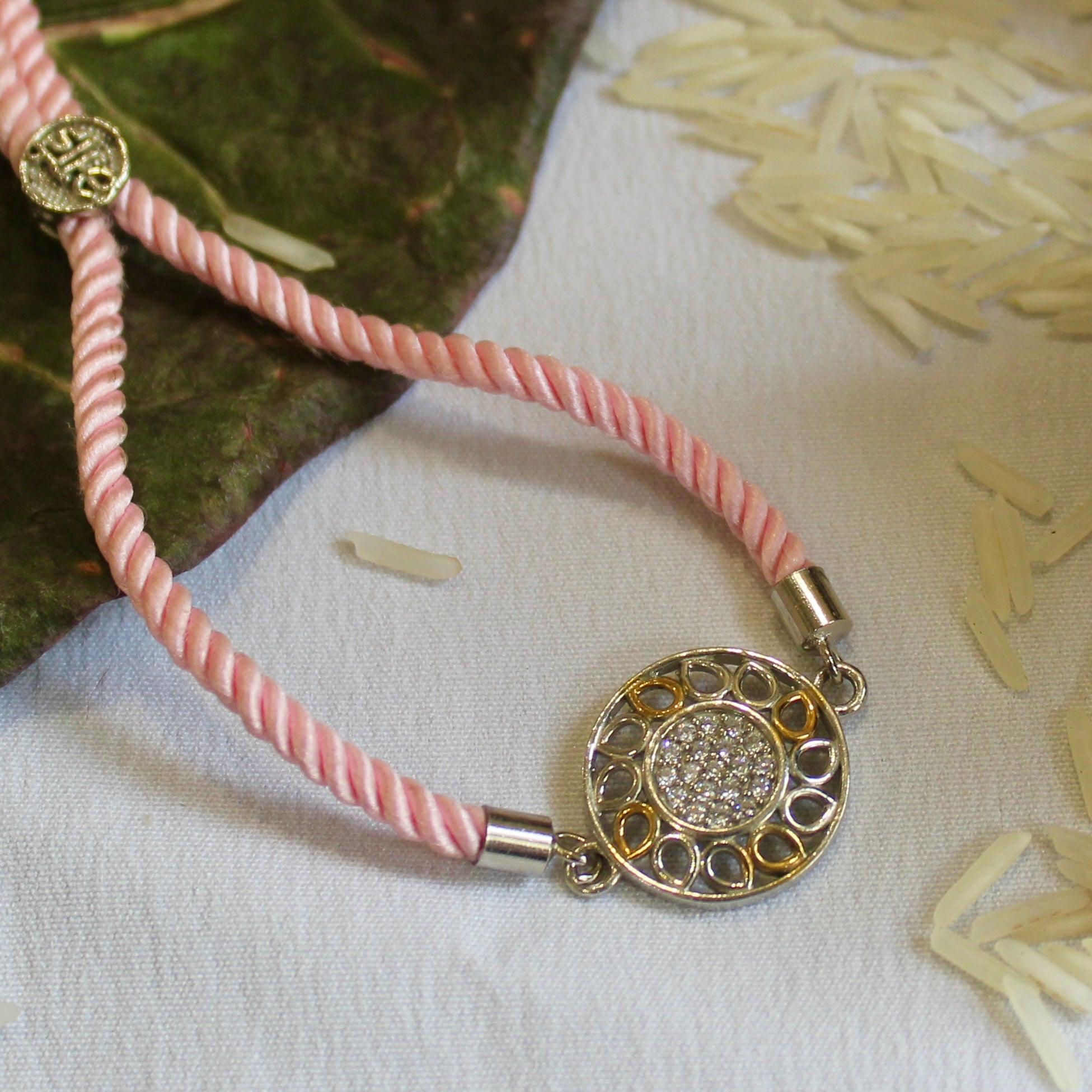 FLower Silver Pink Thread Rakhi