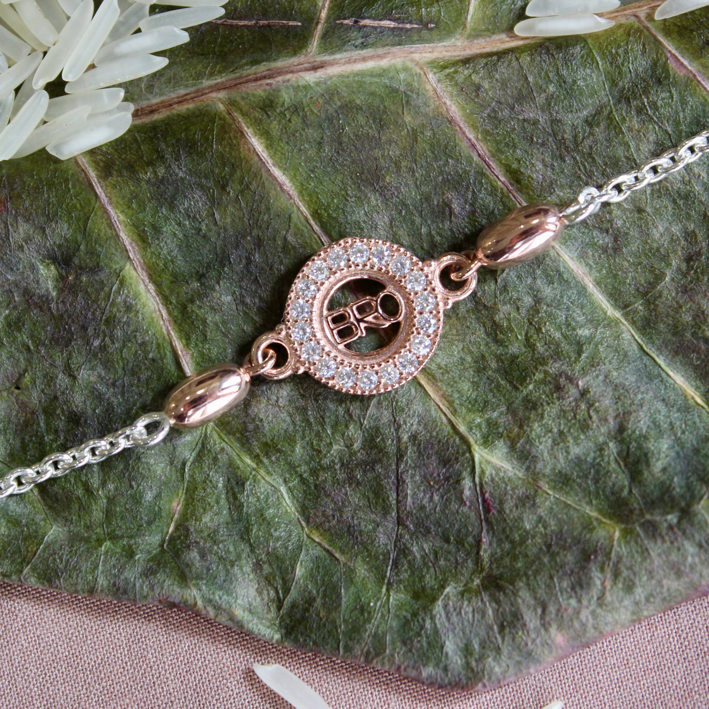 BRO In Circle Silver Chained Rakhi in Rose Gold