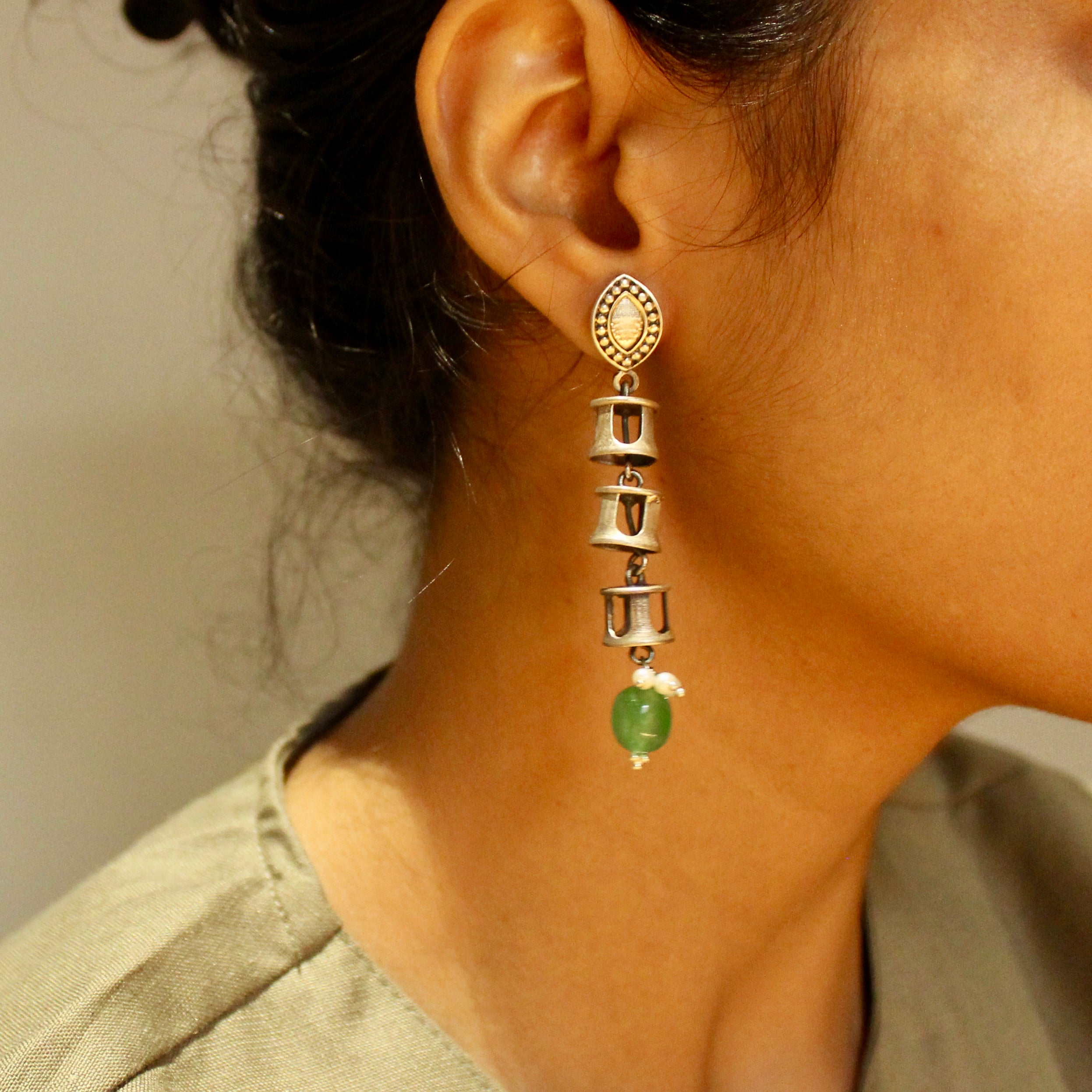 Temple bells emerald stone 925 silver hanging earrings