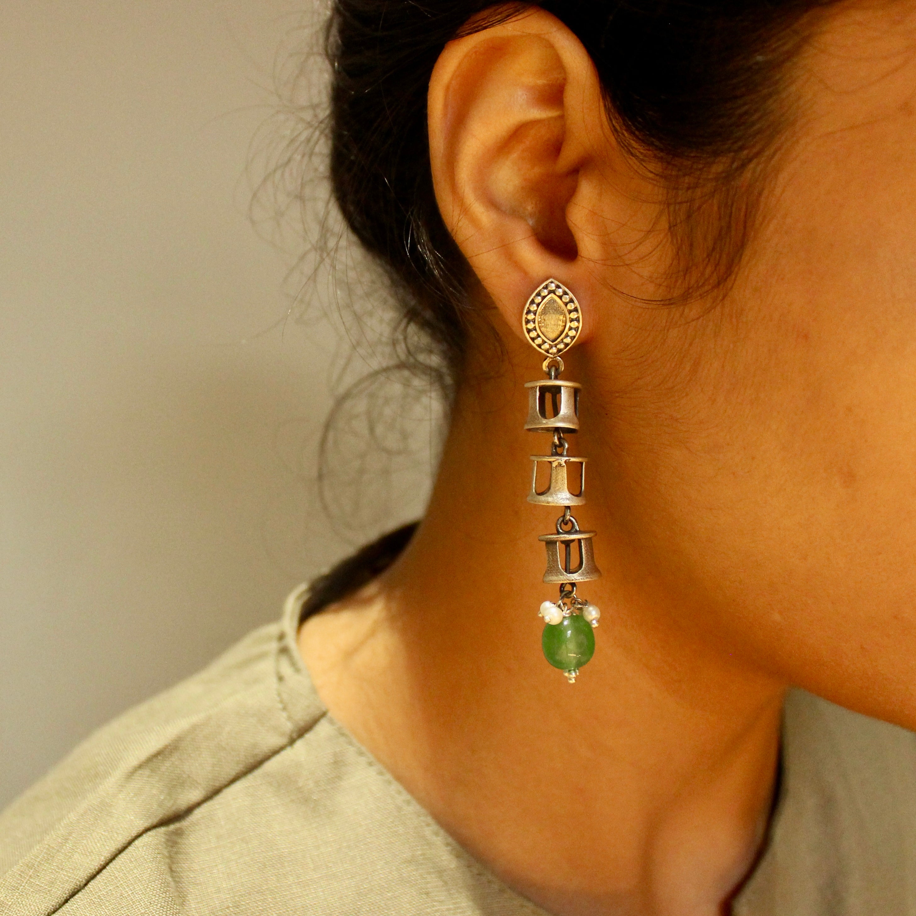 Temple bells emerald stone 925 silver hanging earrings