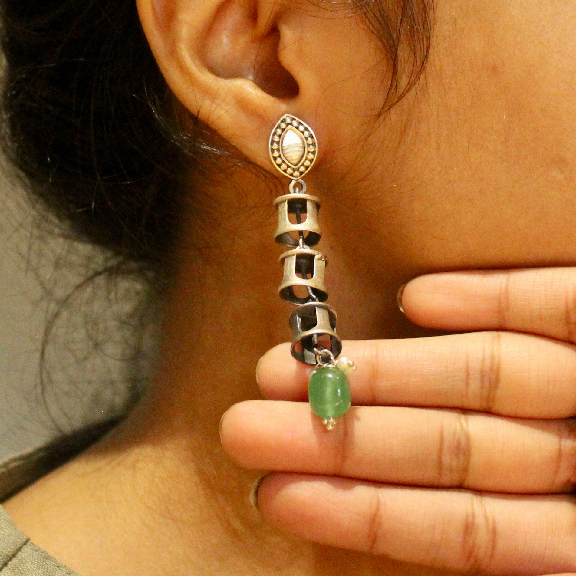 Temple bells emerald stone 925 silver hanging earrings