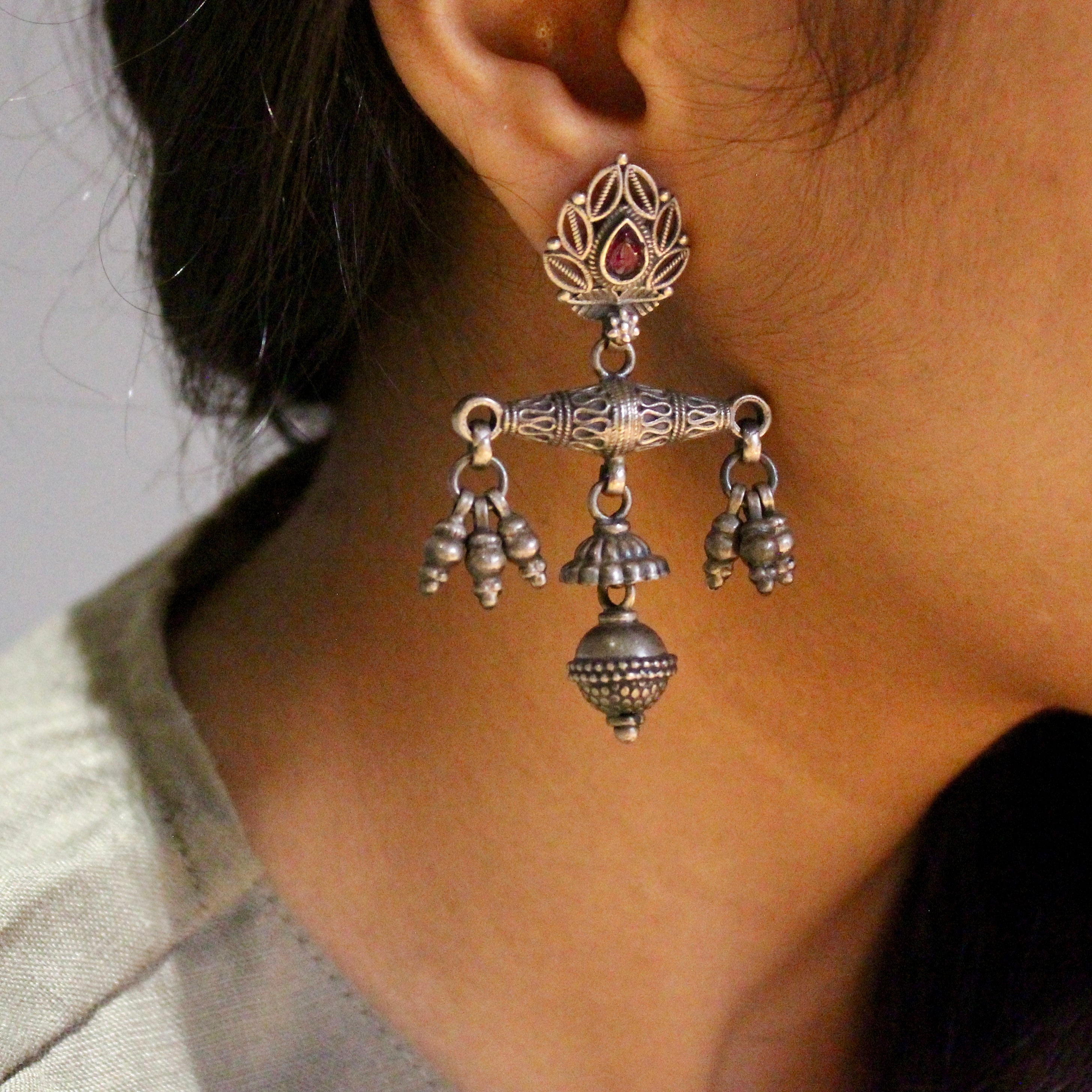 Ruby stone oxidised hangings 925 silver jhumkas