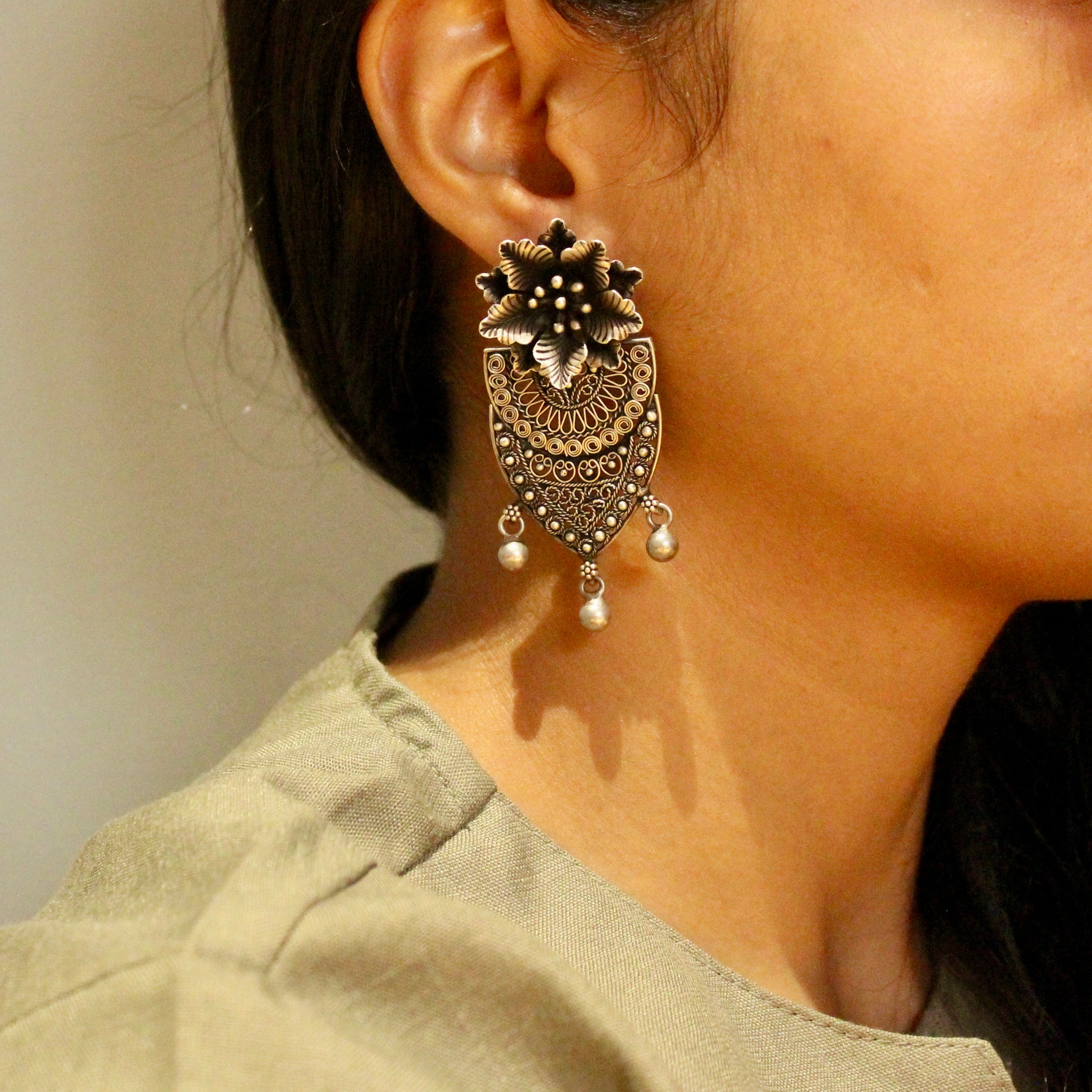 Flower and net design ancient 925 silver jhumkas