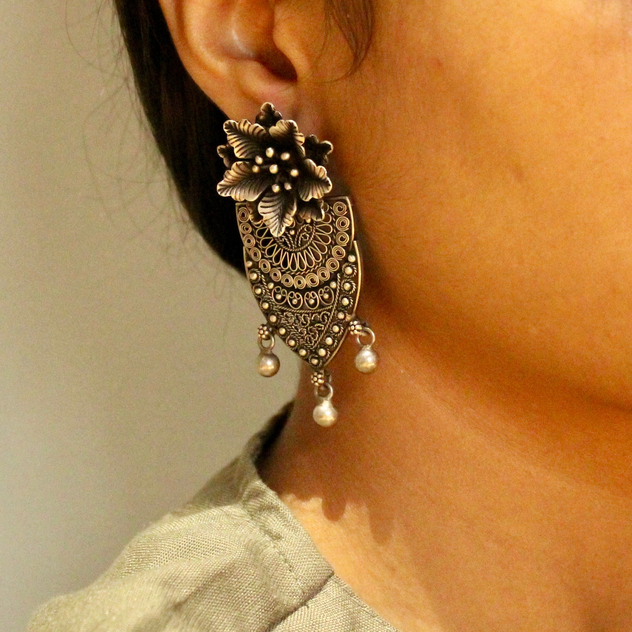 Flower and net design ancient 925 silver jhumkas