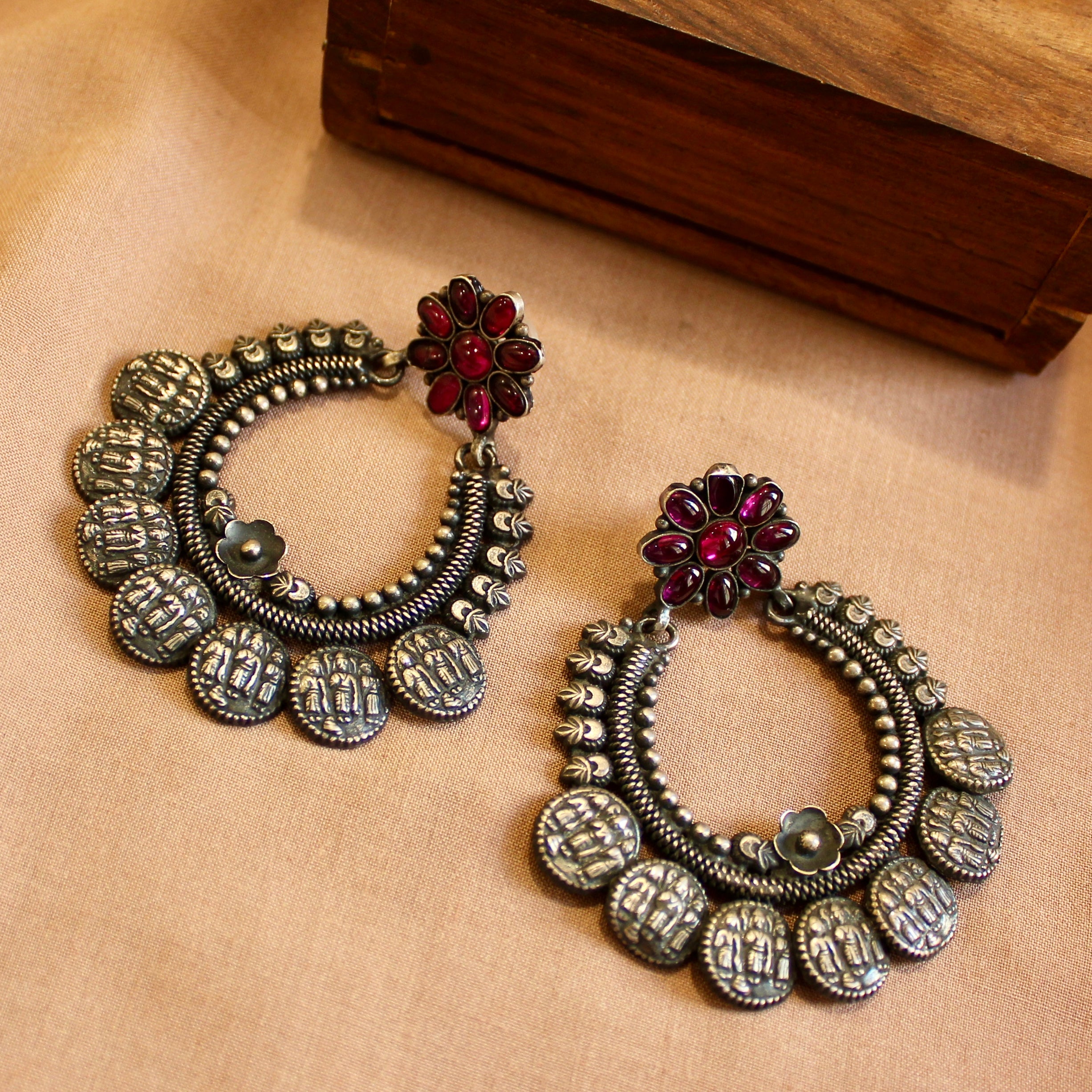 Ruby stones circle antique 925 silver jhumkas