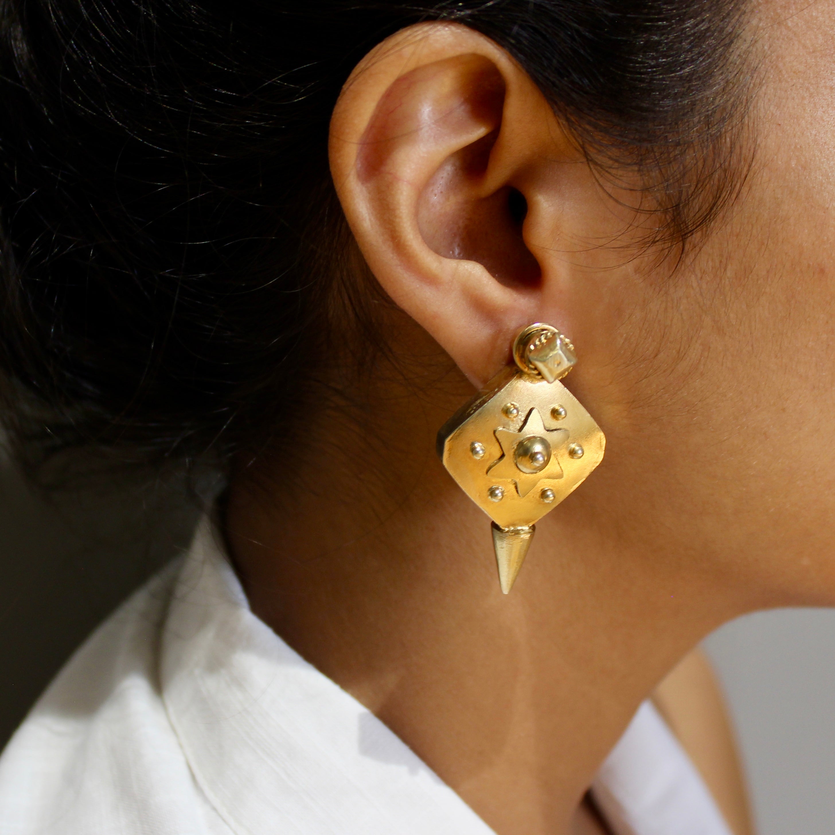 Gold historic shield drop earrings in 925 silver