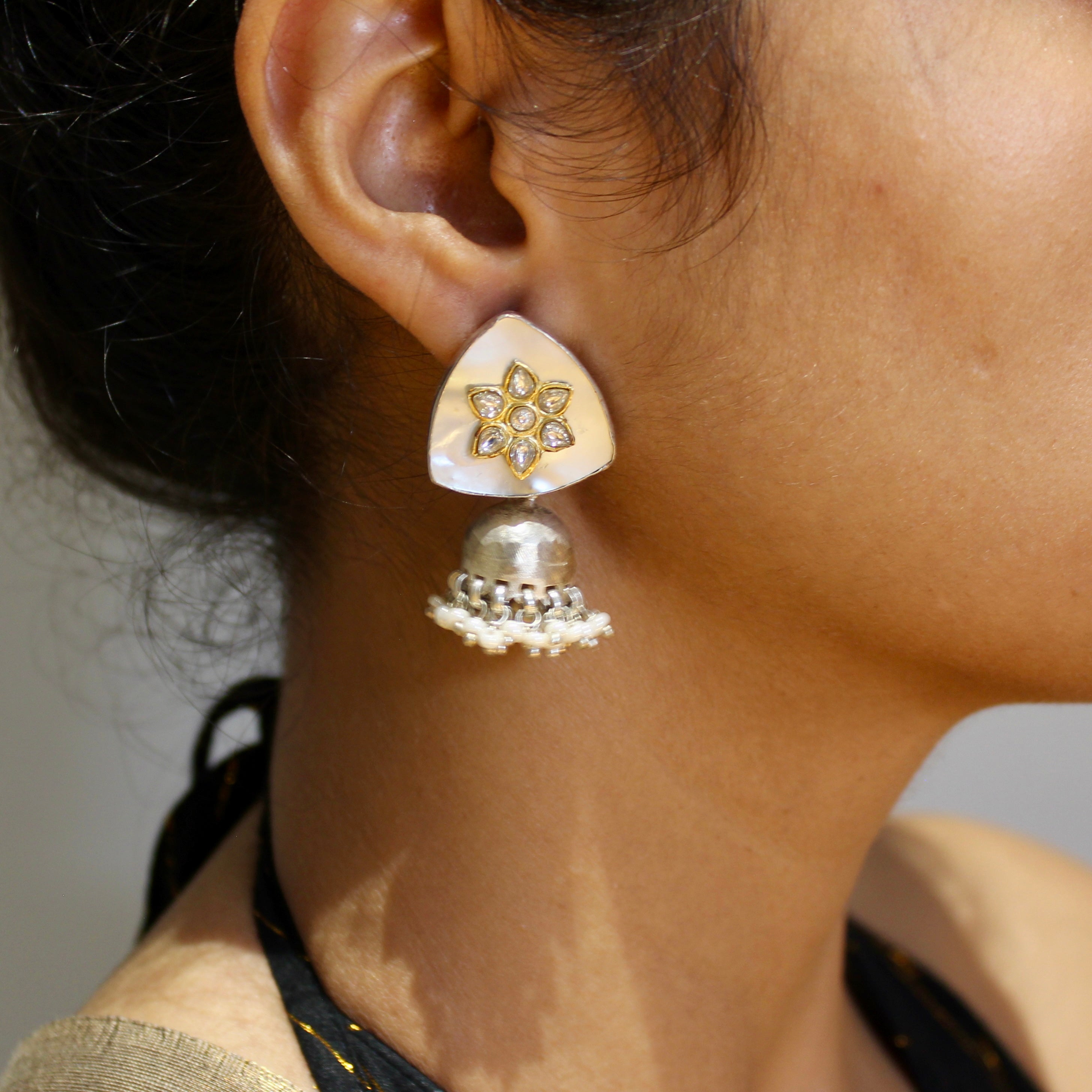 White stone triangle 925 silver jhumkas with pearl hanging