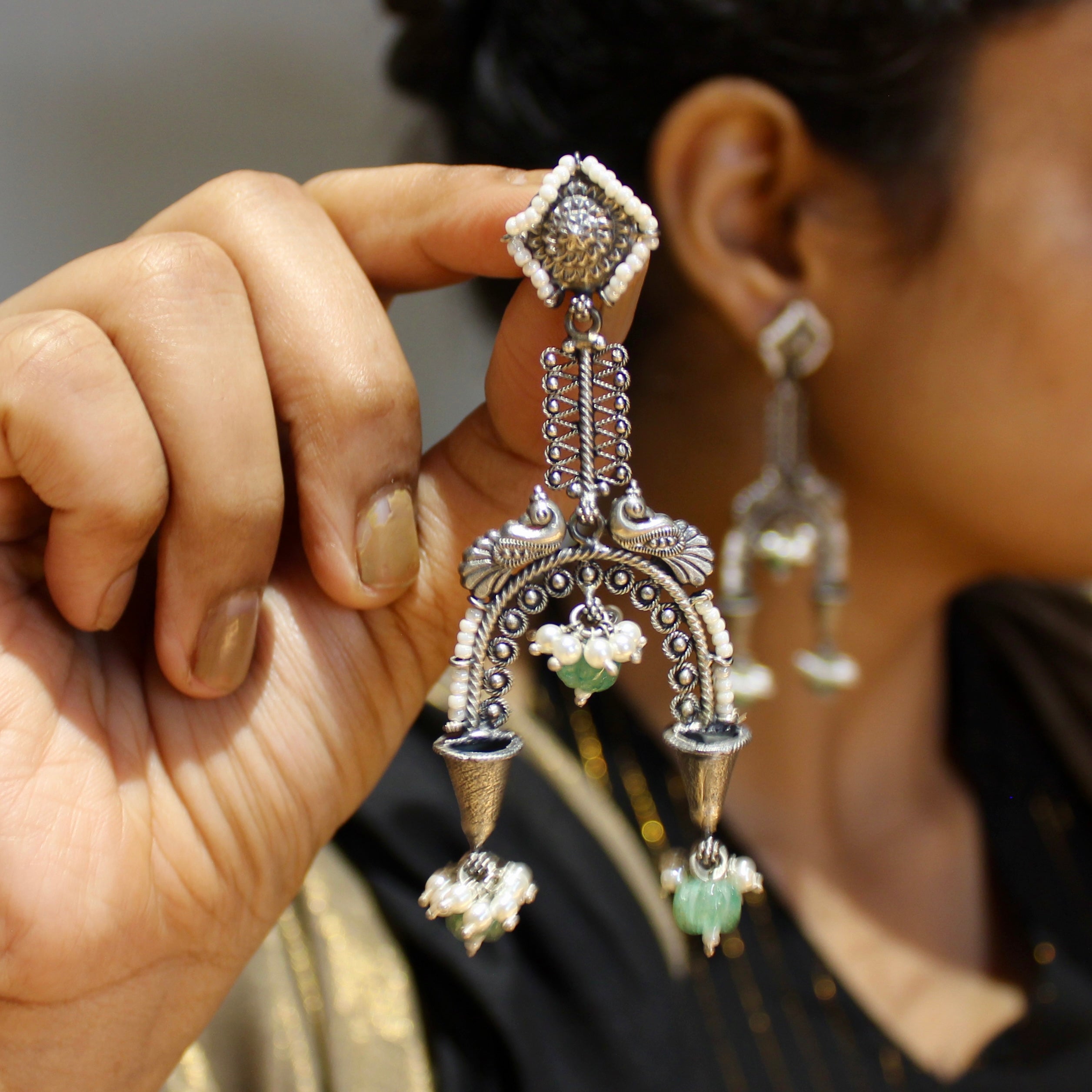 Emerald XL hanging antique 925 silver jhumkas