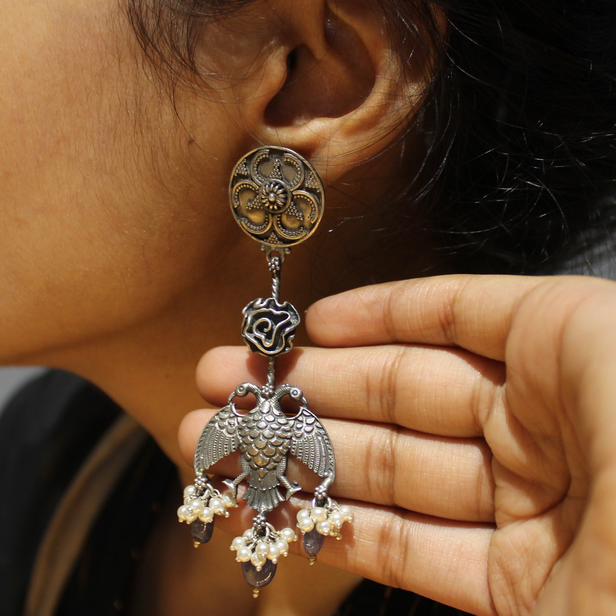 Eagle XL purple stones antique 925 silver jhumkas