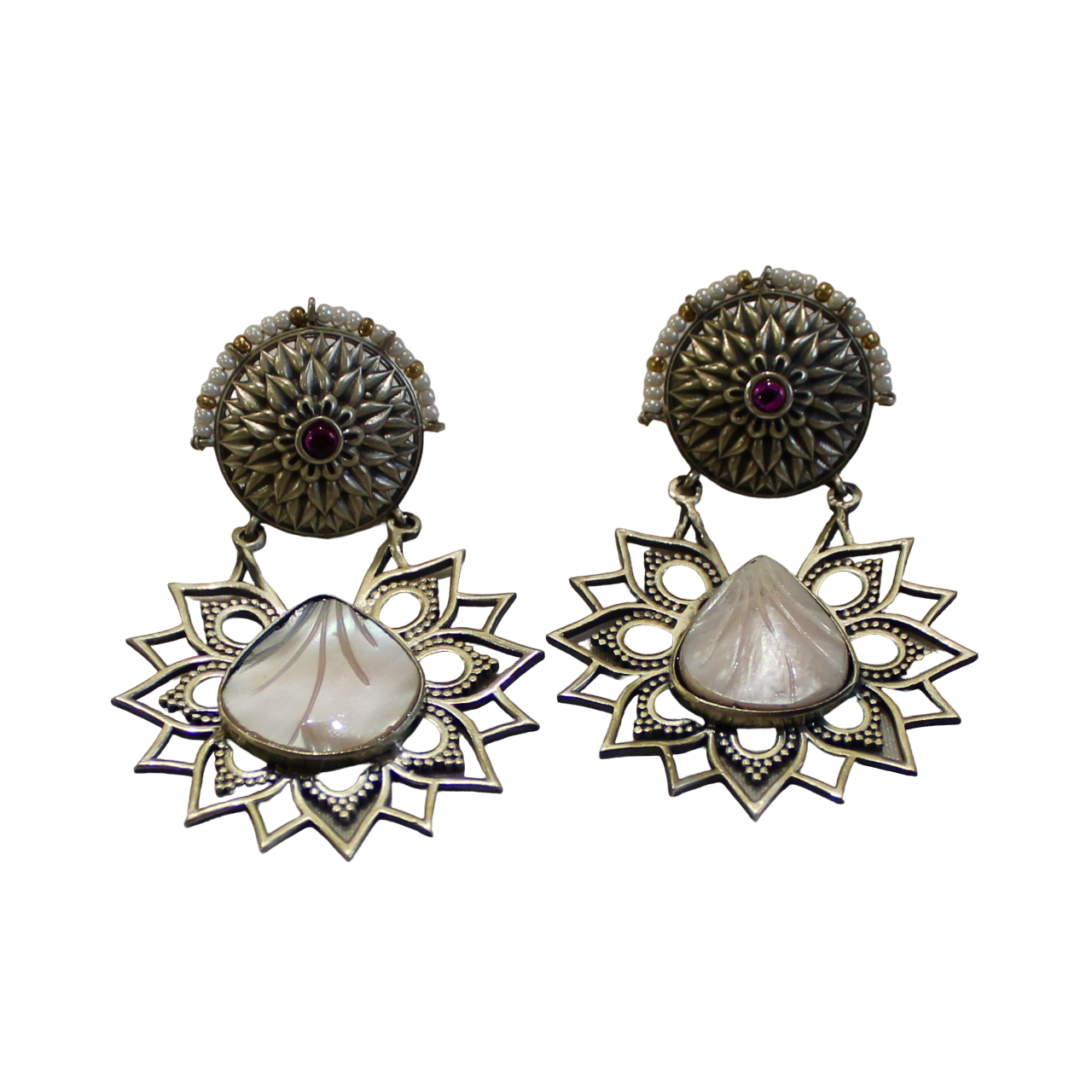 Pink stone historic craft 925 silver heavy jhumkas