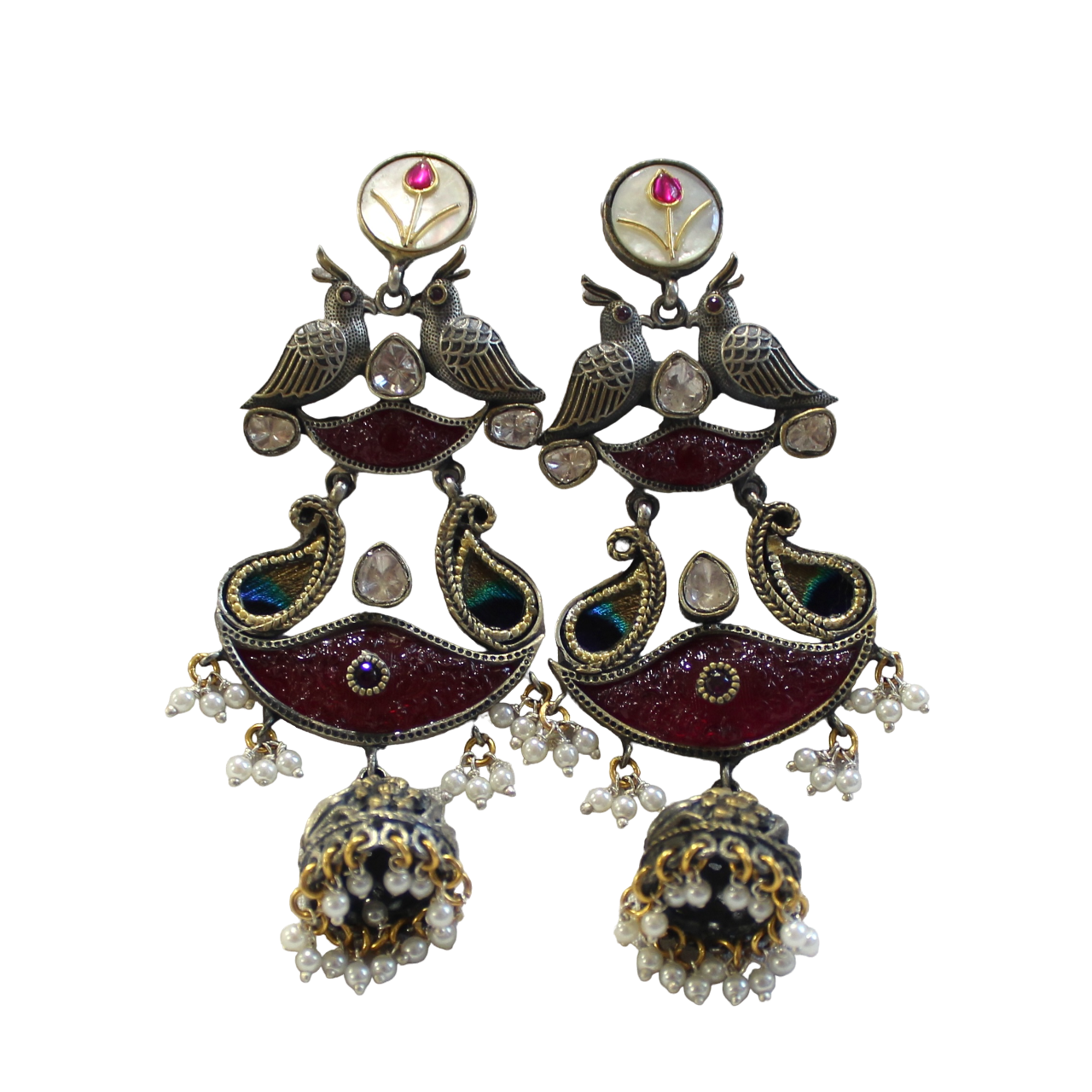 Ruby Creatures XL Heavy Hanging Antique 925 Silver Jhumkas