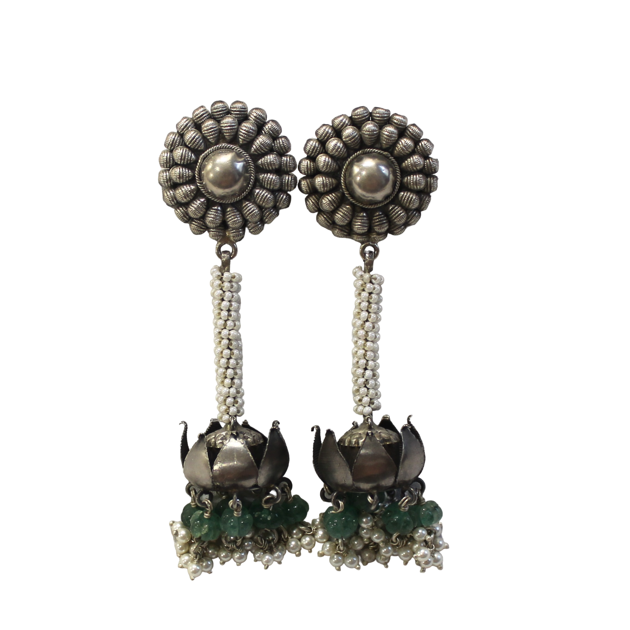 Lotus with emerald pearls XL antique 925 silver jhumkas