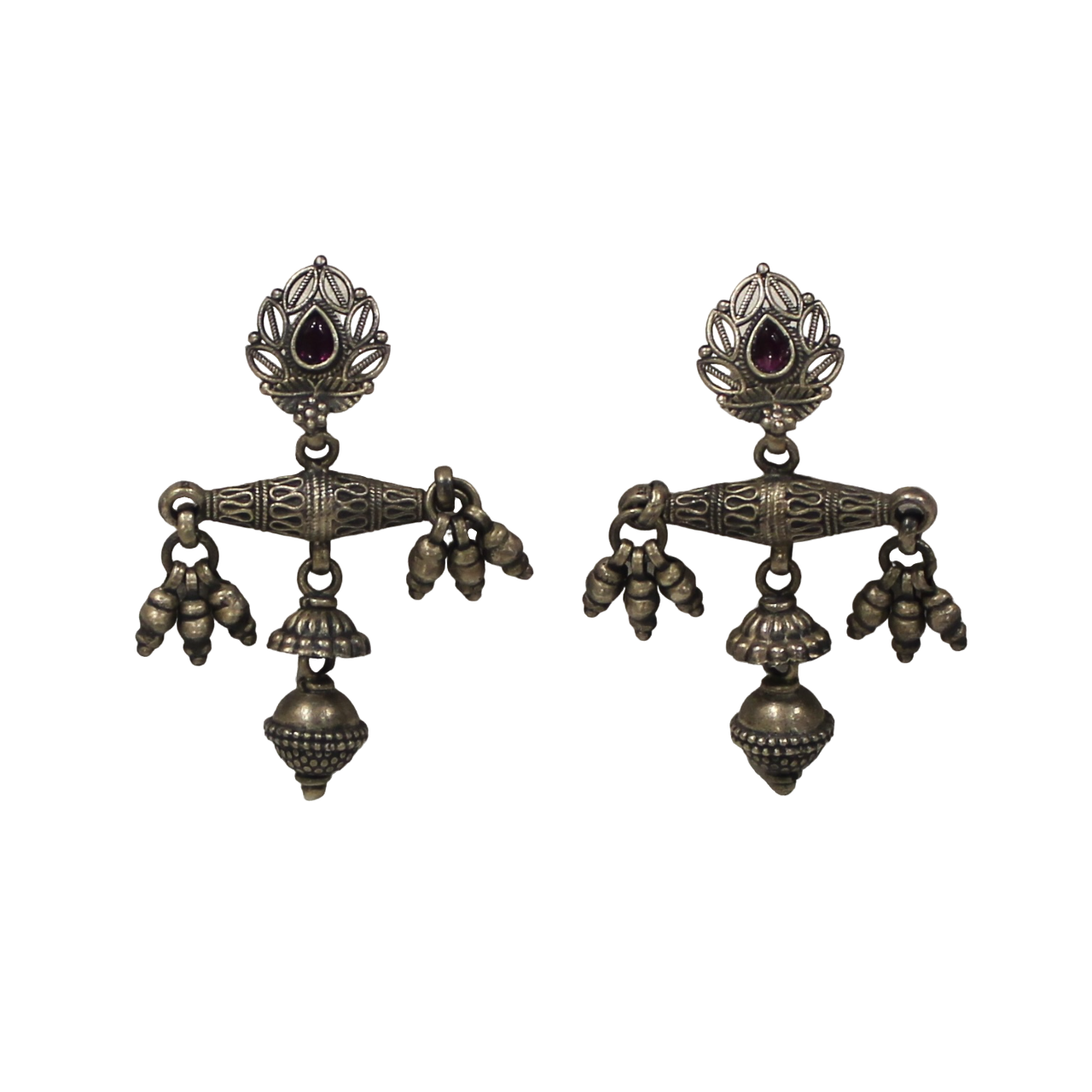 Ruby stone oxidised hangings 925 silver jhumkas