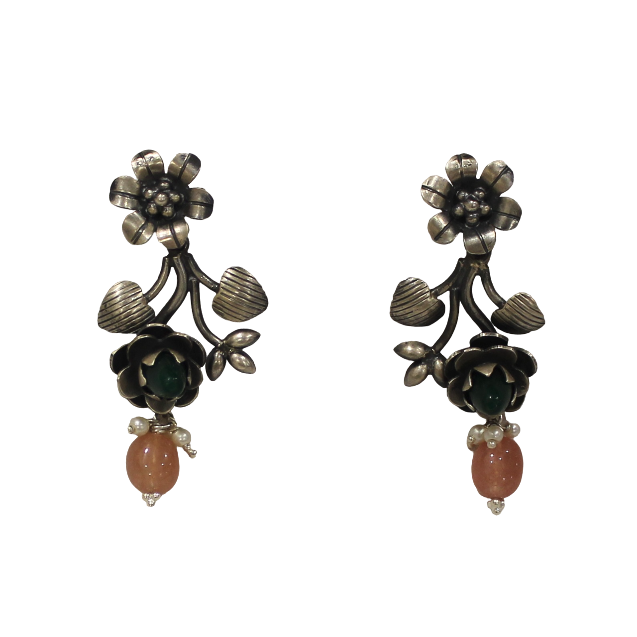 Emerald orange pearl antique flower 925 silver jhumkas