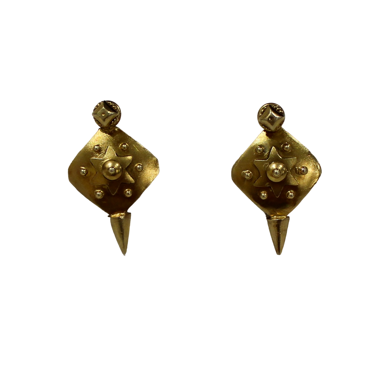 Gold historic shield drop earrings in 925 silver