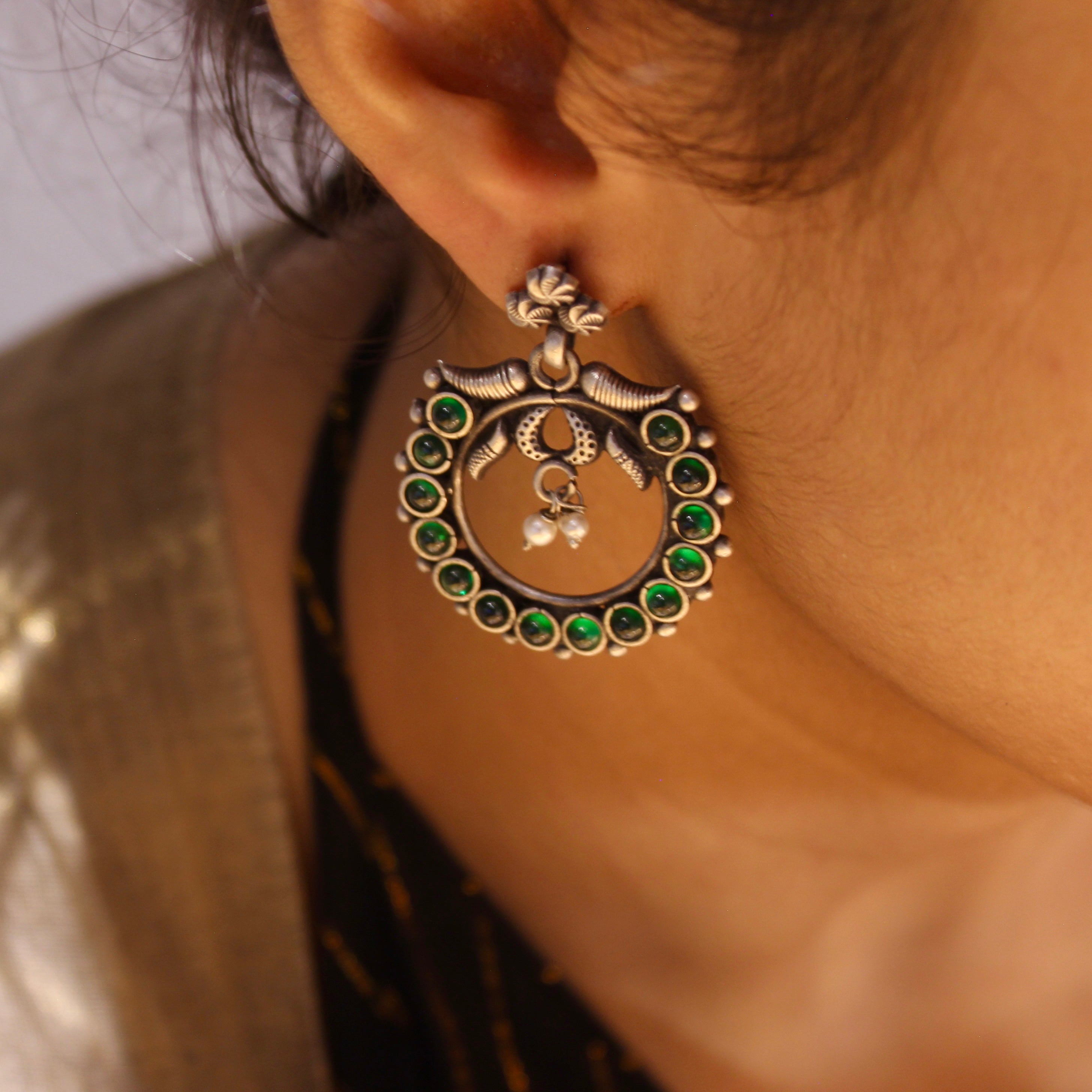 Emerald stones circle hanging antique 925 silver jhumkas