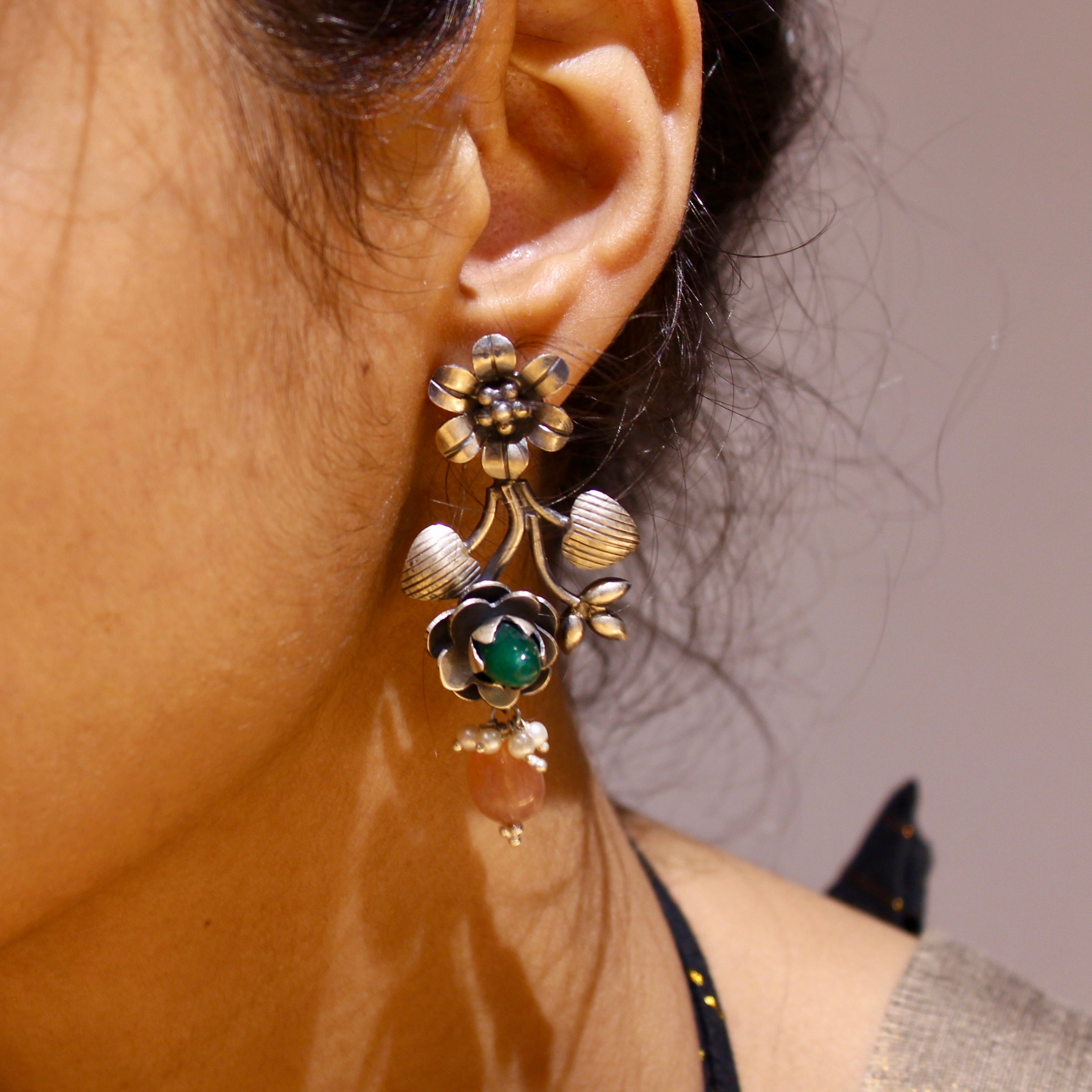 Emerald orange pearl antique flower 925 silver jhumkas