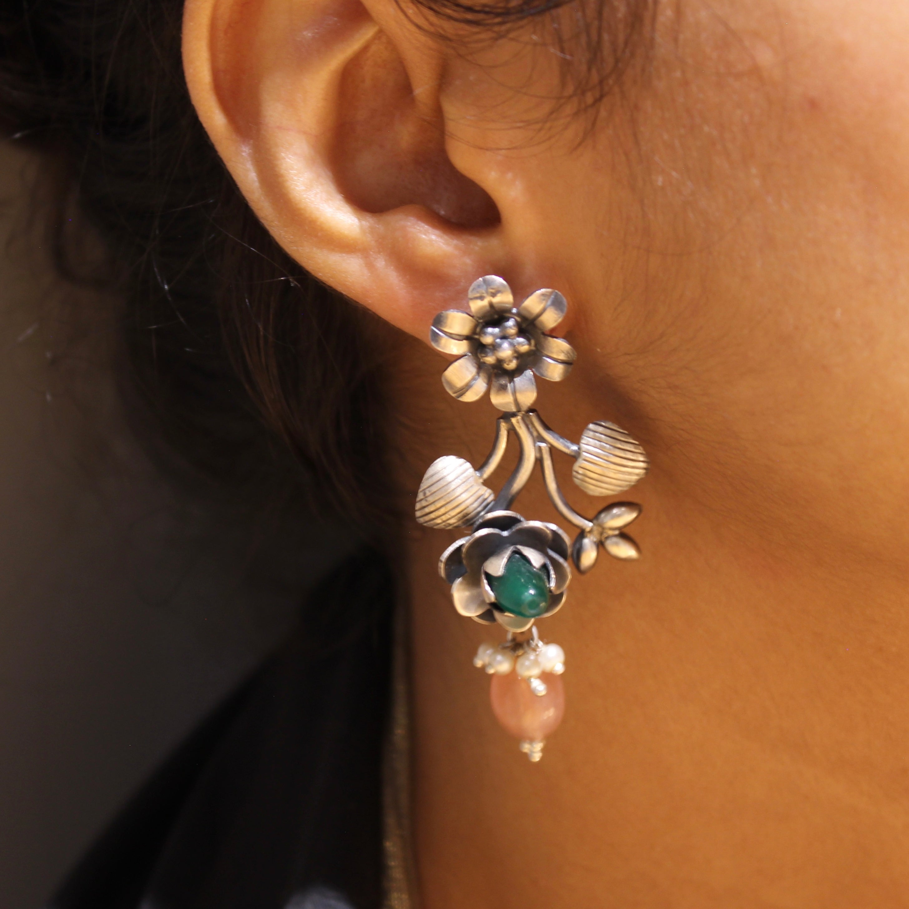 Emerald orange pearl antique flower 925 silver jhumkas