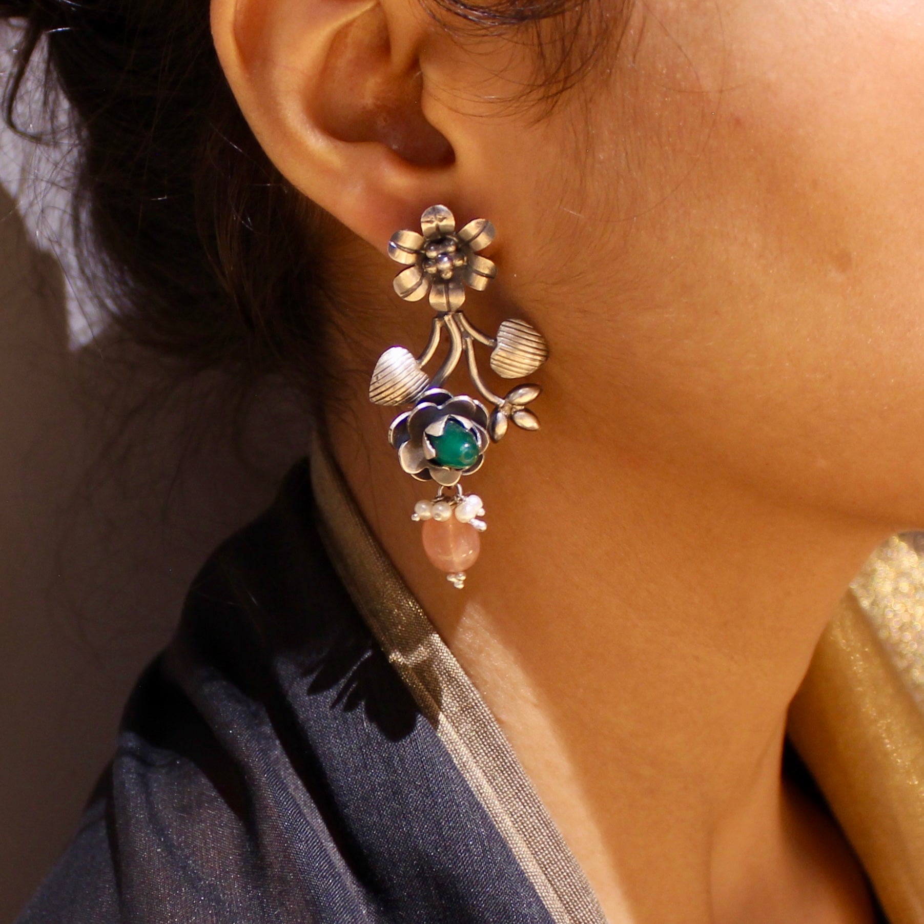 Emerald orange pearl antique flower 925 silver jhumkas