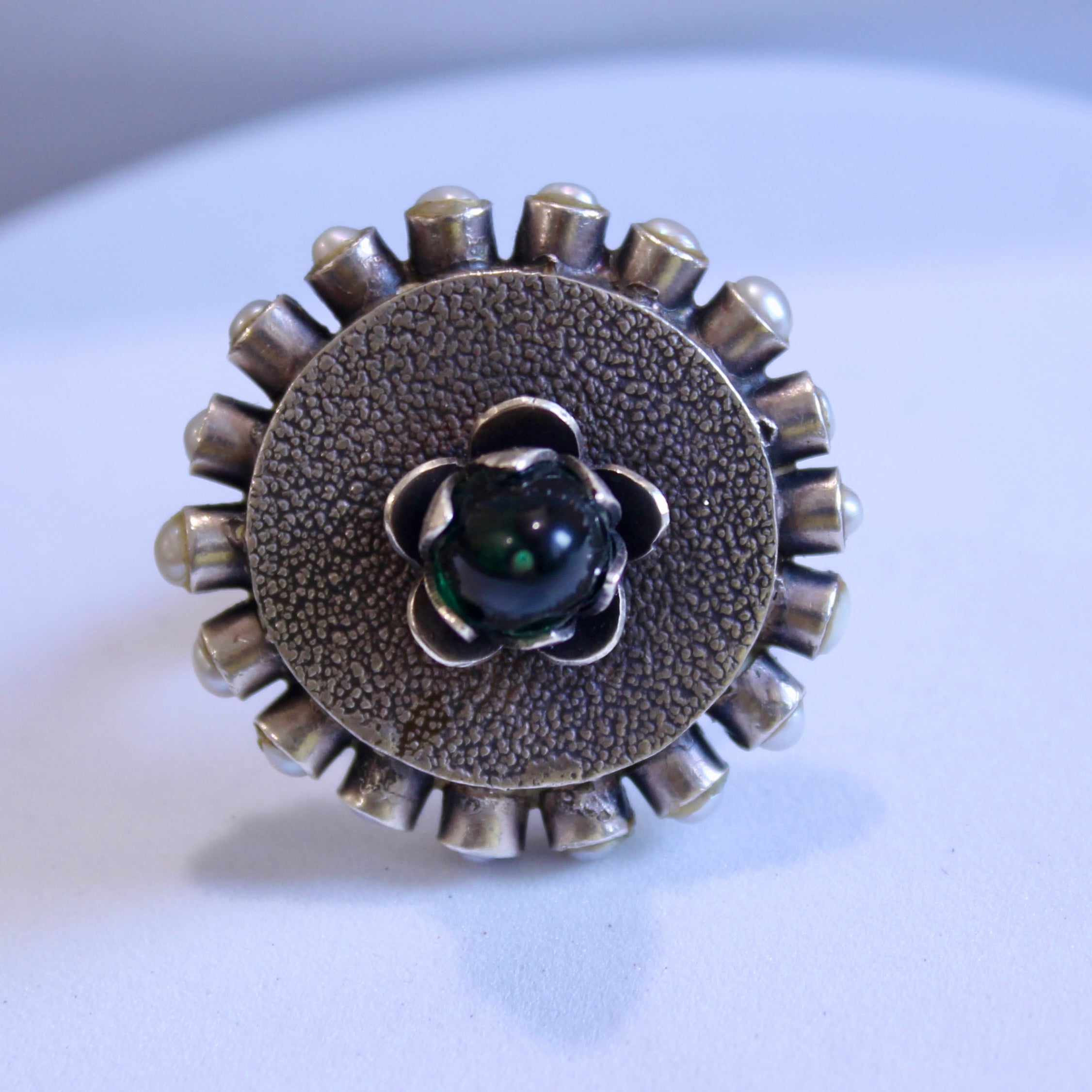 Emerald Stone on top Flower Oxidised Silver Ring