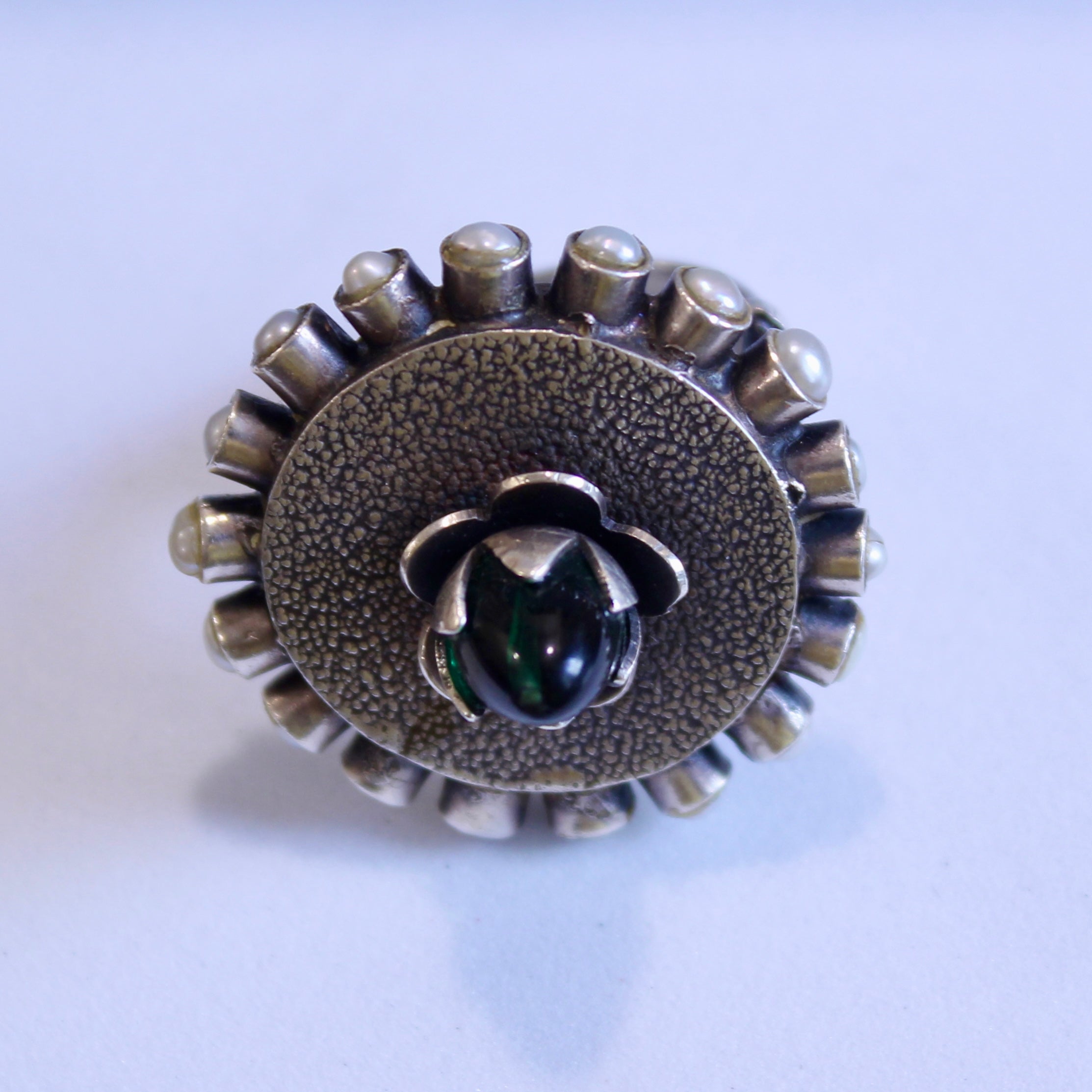 Emerald Stone on top Flower Oxidised Silver Ring