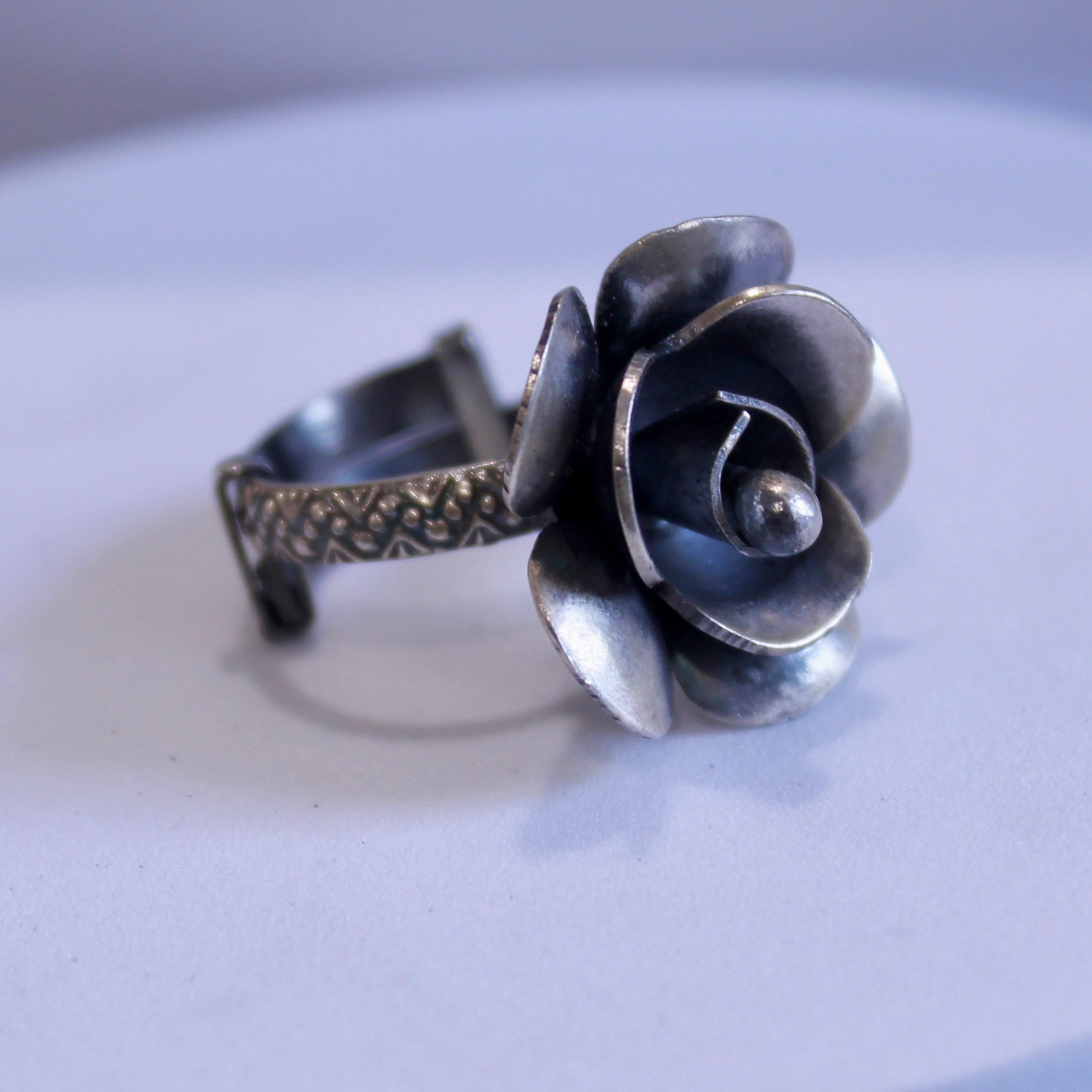 Small Rose Oxidised Silver Ring