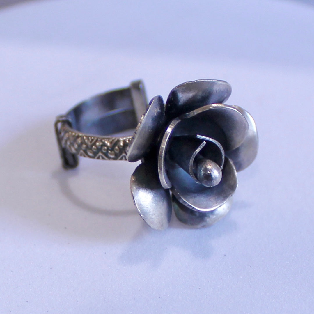 Small Rose Oxidised Silver Ring