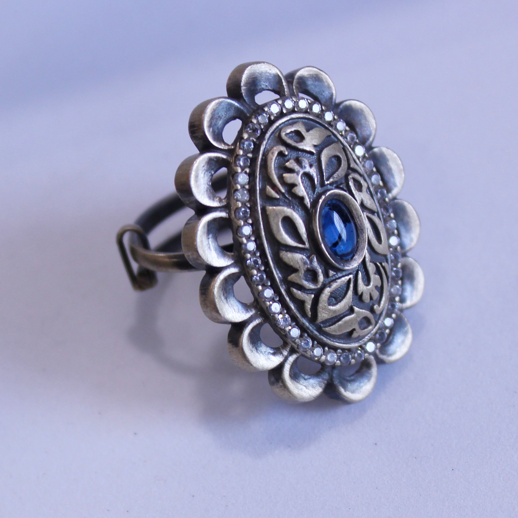 Sapphire Stone Oval Oxidised Silver Ring