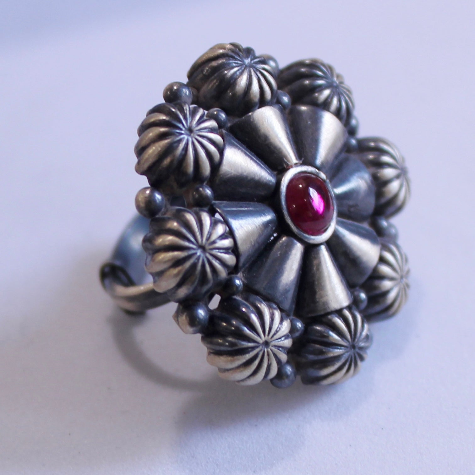 Ruby Stone Flower Oxidised Silver Ring