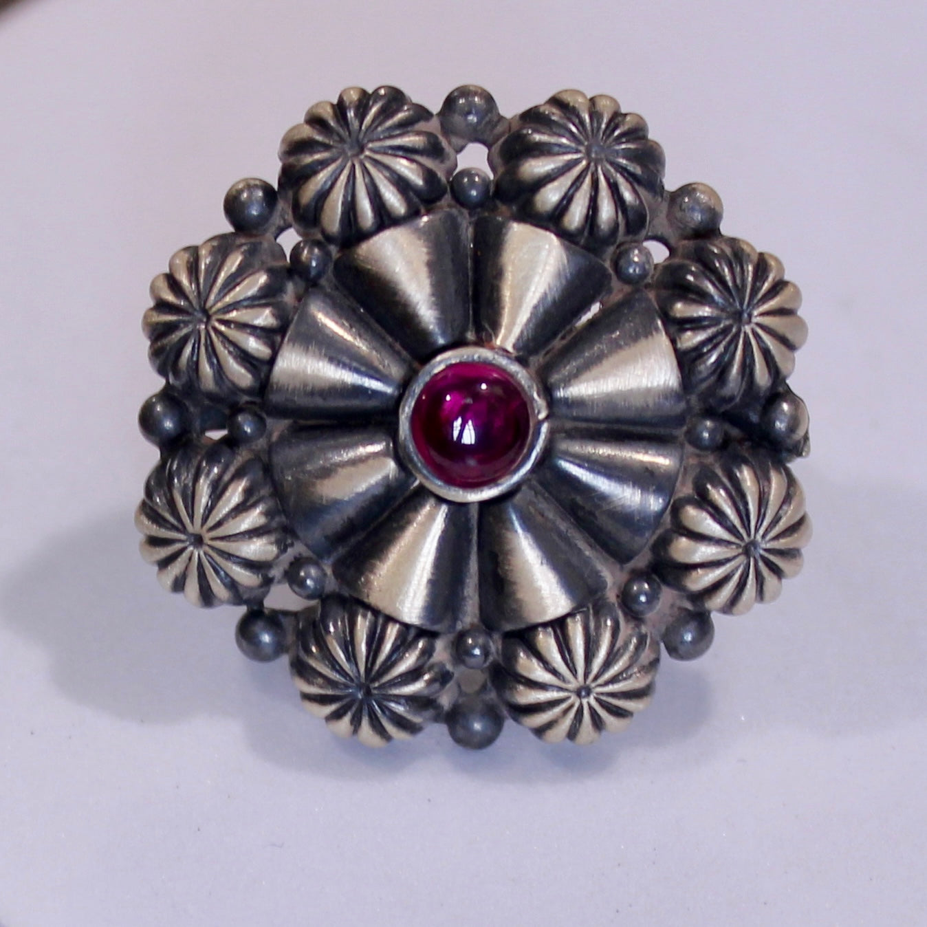 Ruby Stone Flower Oxidised Silver Ring